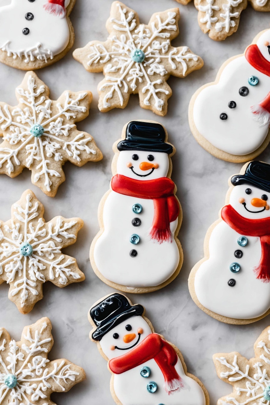 The image shows a collection of snowman and snowflake shaped cookies on a white marbled surface. Each snowman cookie has two white icing layers covering its body, topped with a black hat, small black dots for eyes, mouth and buttons, an orange carrot nose, and a bright red scarf on the neck. The snowflake cookies have a beige base with white icing forming intricate branches and details, and a small shiny blue bead in the center. The cookies are arranged closely together with some overlapping. photo taken with an iphone --ar 2:3 --v 7