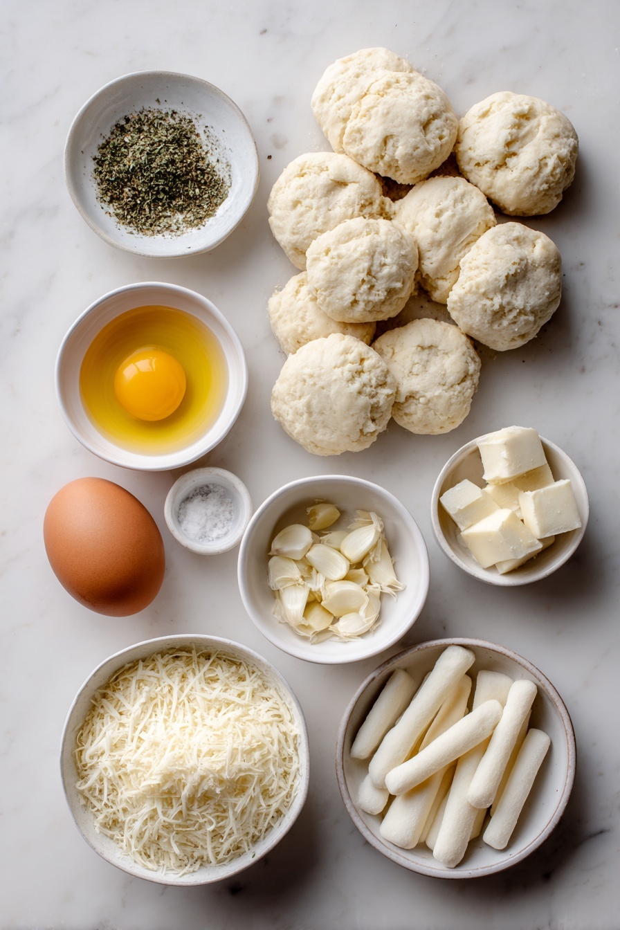 Flat lay of a pile of light golden biscuit dough quarters, several long white mozzarella cheese sticks cut into small chunks, a few peeled garlic cloves minced finely in a small white ceramic bowl, a small white bowl with melted golden butter, a small white bowl with Italian seasoning herbs, one large whole brown egg with a clean shell, a small white bowl filled with grated pale yellow parmesan cheese, all arranged symmetrically on a clean white marble surface, soft natural light, photo taken with an iPhone, professional food photography style, fresh ingredients, white ceramic bowls, no bottles, no duplicates, no utensils, no packaging --ar 2:3 --v 7 --p m7354615311229779997