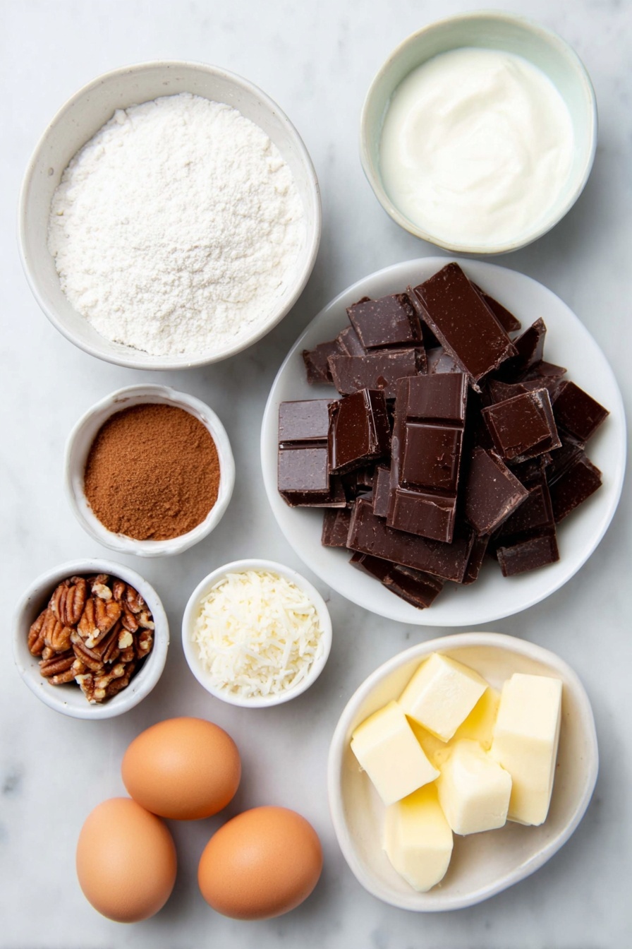 Flat lay of finely chopped semi-sweet chocolate pieces, a small white bowl of Dutch-process cocoa powder, a small white bowl with clear boiling water, a small white bowl of all-purpose flour, a small white bowl of granulated sugar, a small white bowl of packed light brown sugar, a small white bowl of unsalted butter cubes softened, four whole uncracked large brown eggs with clean shells, a small white bowl of sour cream, a small white bowl of heavy cream, a small white bowl of light golden toasted shredded coconut, a small white bowl of finely chopped toasted pecans, placed on a clean white marble surface, soft natural light, photo taken with an iPhone, professional food photography style, fresh ingredients, white ceramic bowls, no bottles, no duplicates, no utensils, no packaging --ar 2:3 --v 7 --p m7354615311229779997