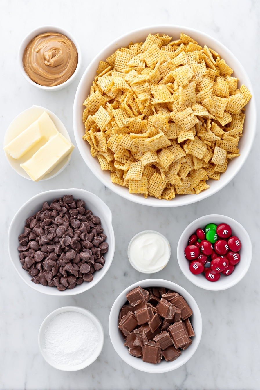 Flat lay of a large white ceramic bowl filled with golden corn Chex cereal, a small white bowl of creamy peanut butter, a small white bowl of semi-sweet chocolate chips, a small white bowl containing smooth butter, a small white bowl of fine powdered sugar, a small white bowl with glossy red and green M&M’s, and a small white bowl holding mini peanut butter cups, all arranged in balanced symmetry, placed on a clean white marble surface, soft natural light, photo taken with an iPhone, professional food photography style, fresh ingredients, white ceramic bowls, no bottles, no duplicates, no utensils, no packaging --ar 2:3 --v 7 --p m7354615311229779997