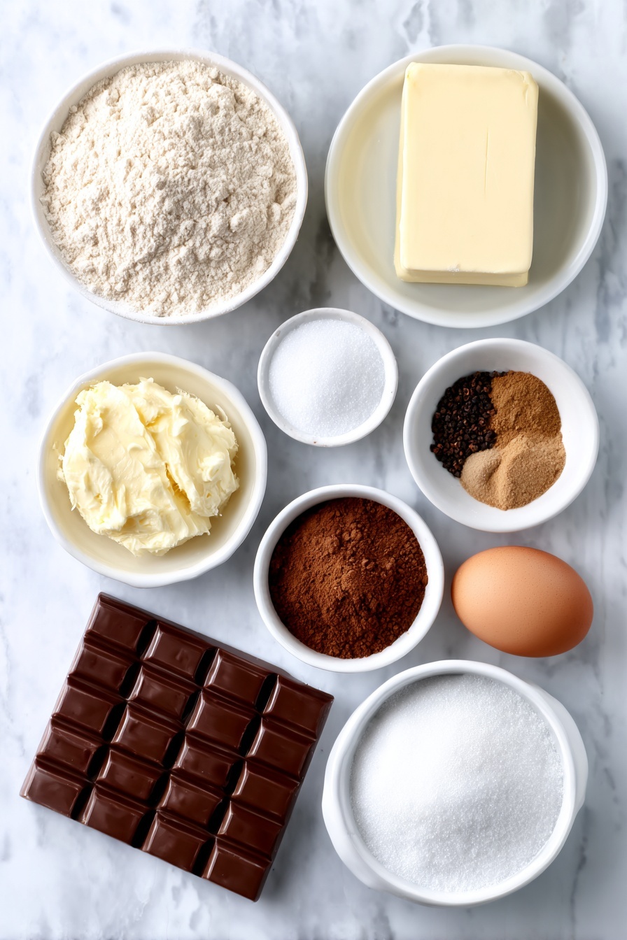 Flat lay of a small mound of all-purpose flour, a small white ceramic bowl with pale beige baking soda powder, a small white ceramic bowl containing golden-brown ground ginger, a small white ceramic bowl filled with warm brown ground cinnamon, a tiny white ceramic bowl with dark brown ground cloves, a tiny white ceramic bowl holding medium brown ground allspice, a tiny white ceramic bowl of light brown ground nutmeg, a tiny white ceramic bowl with fine white salt, a half block of fresh unsalted butter with soft edges, a small heap of packed dark brown sugar, a small white ceramic bowl with thick dark molasses, one large whole uncracked brown egg, a small white ceramic bowl filled with clear vanilla extract, a small white ceramic bowl of coarse sparkling sugar, and a neat pile of shiny unwrapped milk chocolate Hershey’s Kisses, all arranged in perfect symmetry on a clean white marble surface, soft natural light, photo taken with an iPhone, professional food photography style, fresh ingredients, white ceramic bowls, no bottles, no duplicates, no utensils, no packaging --ar 2:3 --v 7 --p m7354615311229779997