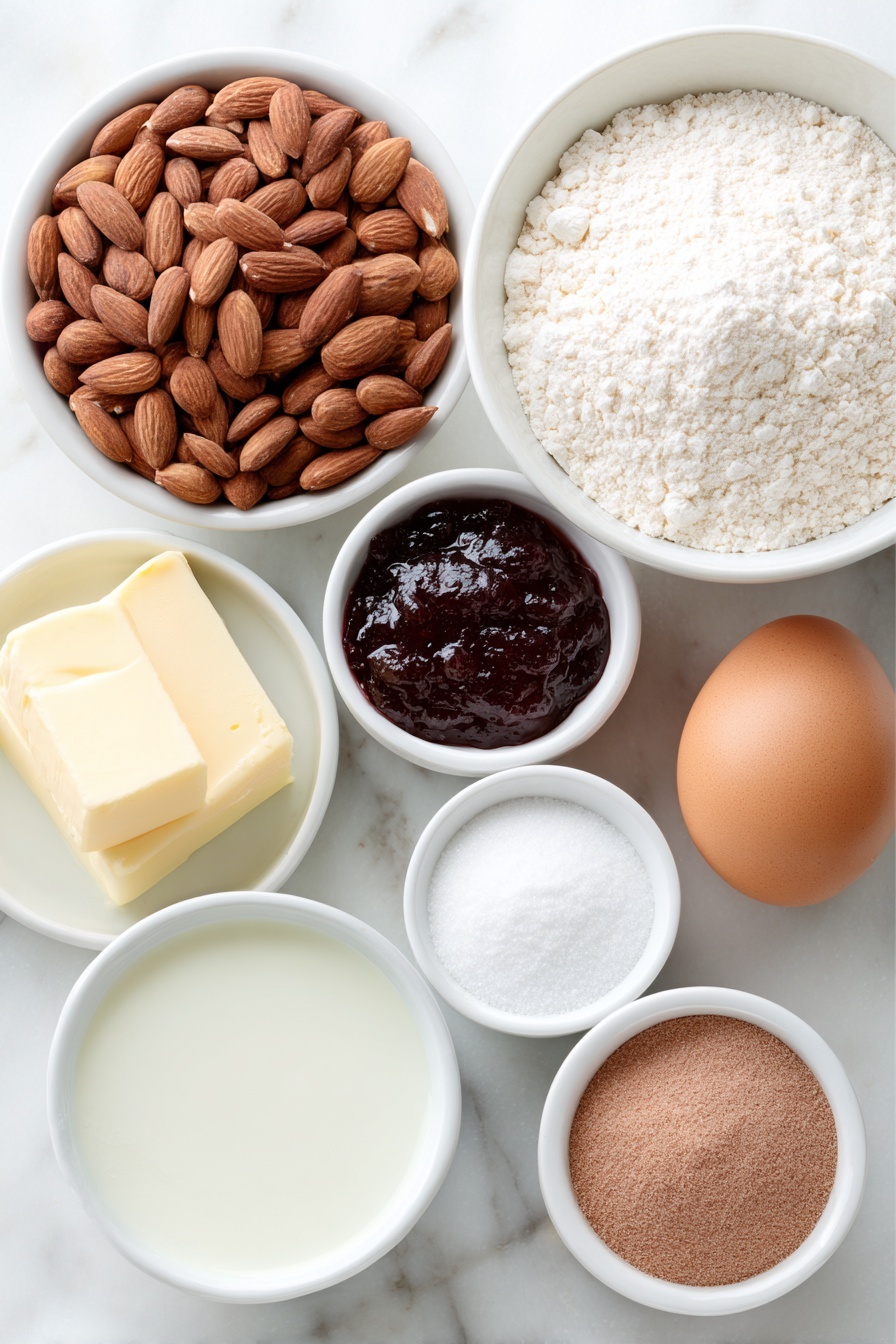 Flat lay of roasted almonds with skins, a mound of all-purpose flour, a small heap of ground cinnamon, a few grains of coarse salt, a stick of unsalted butter with a pat sliced off, a small white ceramic bowl of granulated sugar, a single large brown egg with a clean shell, a small white ceramic bowl with clear vanilla extract, a small white ceramic bowl with almond extract, a small white ceramic bowl filled with bright red cherry preserves, a small white ceramic bowl of fine confectioners’ sugar, a small white ceramic bowl with whole milk, placed on a clean white marble surface, soft natural light, photo taken with an iPhone, professional food photography style, fresh ingredients, white ceramic bowls, no bottles, no duplicates, no utensils, no packaging --ar 2:3 --v 7 --p m7354615311229779997