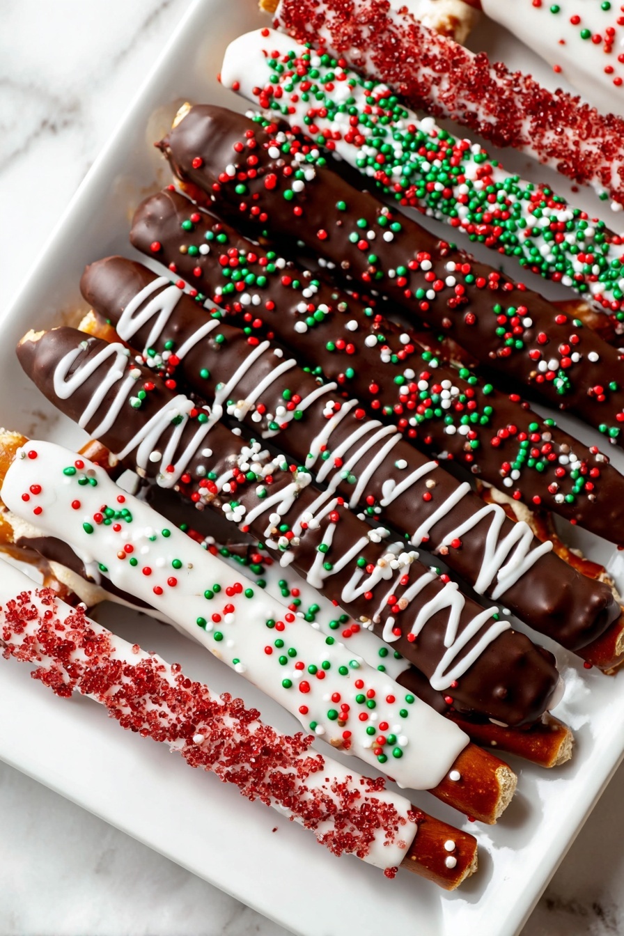A row of long pretzel sticks lies on white marbled surface, each dipped in dark or white chocolate coating about two-thirds of their length. The chocolate is decorated with different types of sprinkles: small red, green, and white round candies, larger white pearl-like beads, and some gold sugar crystals. Some pretzels have extra white icing drizzled over the chocolate in thin zig-zag lines. The pretzel ends are bare, showing their golden brown, textured surface. The colors contrast brightly against the smooth chocolate and rough pretzels, making a festive and colorful look. photo taken with an iphone --ar 2:3 --v 7