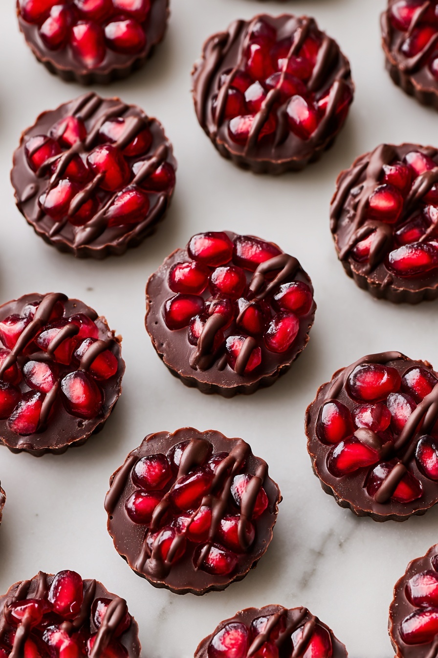 Many small round treats are arranged in neat rows on a white marbled surface. Each treat has two main layers: a bottom layer of dark chocolate with a smooth, slightly ridged edge, and a top layer filled with bright red pomegranate seeds that shine with juice. Over the seeds, thick drizzles of dark chocolate create a textured pattern that looks both rich and glossy. The colors contrast well, with the deep brown of the chocolate and the vibrant red of the seeds. photo taken with an iphone --ar 2:3 --v 7