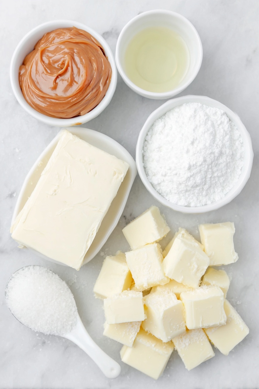 Flat lay of a few pats of unsalted butter softened to a creamy texture, a small heap of fine kosher salt crystals, a generous spoonful of smooth golden cookie butter, a small white ceramic bowl filled with pure white confectioners’ sugar, a small white bowl holding clear glossy vegetable oil, coarsely chopped chunks of creamy white chocolate arranged neatly, all ingredients placed on a clean white marble surface, soft natural light, photo taken with an iPhone, professional food photography style, fresh ingredients, white ceramic bowls, no bottles, no duplicates, no utensils, no packaging --ar 2:3 --v 7 --p m7354615311229779997