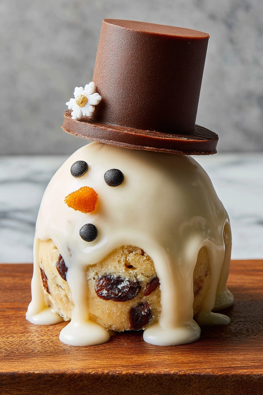 A snowman-shaped dessert with three visible layers sits on a wooden board against a white marbled background. The bottom layer is a round cake ball with a light golden brown color and bits of dark dried fruit inside. It is covered with a thick sheet of white icing that drips slightly onto the board. The snowman’s face is decorated with small black round candies for eyes and mouth, and an orange candy for a nose. On top of the snowman’s head is a dark brown cookie forming a hat base, with a tall, smooth, cylindrical brown chocolate hat sitting on top. The hat has a small white flower decoration on the left side. Photo taken with an iphone --ar 2:3 --v 7