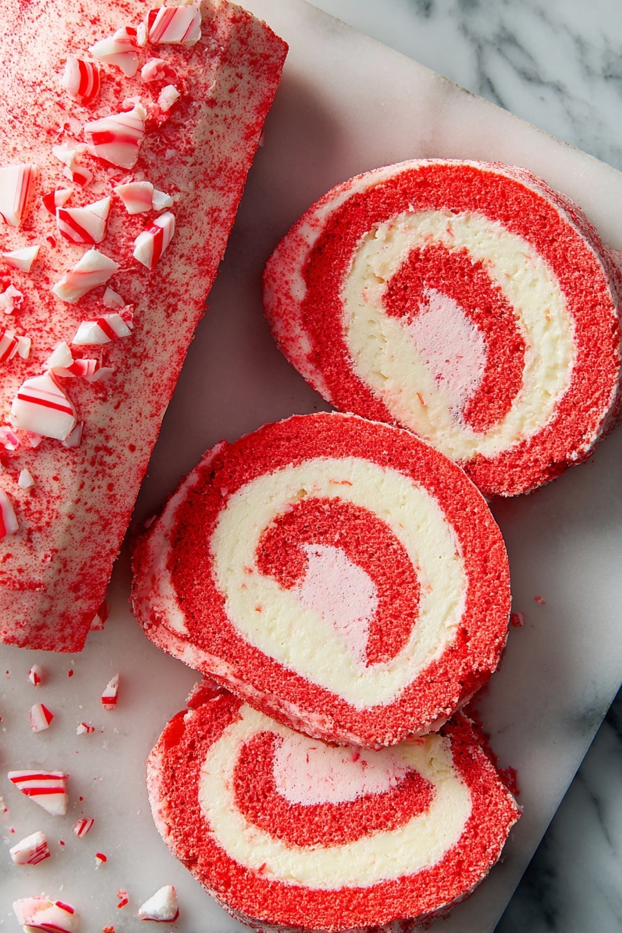 The image shows a dessert roll with three slices and the rest of the roll on a white marbled surface. The roll has two visible layers on the outside: a smooth, bright red layer spiraled with a creamy white layer. Inside, the slices reveal a swirl pattern of bright red sponge cake and light pink cream filling. Small pieces of crushed peppermint candy are scattered around the roll and slices, adding a festive touch. The texture of the red cake looks soft and spongy, while the cream feels smooth and creamy. Photo taken with an iphone --ar 2:3 --v 7