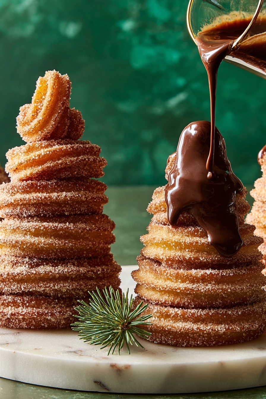 Three churros stacked in a tower shape on a white marbled surface with a green wall in the background. Each churro tower has three layers of twisted, golden-brown dough coated in sugar, with the top layer pointed like a small peak. The churro on the right is being covered with thick dark chocolate sauce flowing slowly from a glass pitcher down its golden layers. A small green pine sprig is next to the churro with chocolate. photo taken with an iphone --ar 2:3 --v 7