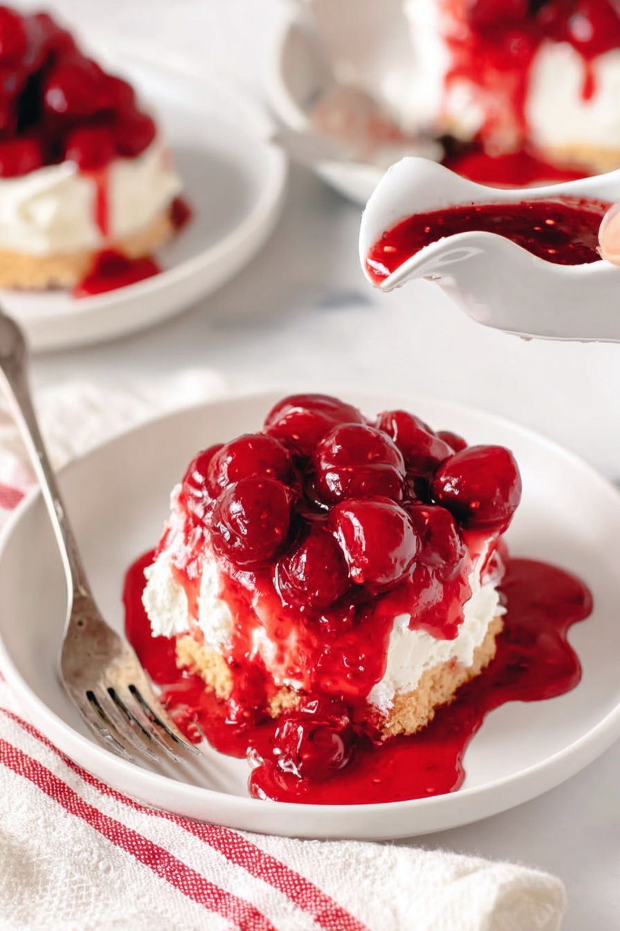 A close-up view of a white dish filled with a layered dessert, showing a woman's hand holding a spoon lifting a portion. The dessert has three visible layers: a bottom layer of light yellow cake-like texture, a thick middle layer of creamy white filling, and a top layer of bright red cherry pieces in gel. The dessert looks soft and moist, with the red cherry topping glossy and uneven. The background features a blurred white flower pot, and the dish is placed on a white marbled surface with a red and white striped cloth nearby. photo taken with an iphone --ar 2:3 --v 7