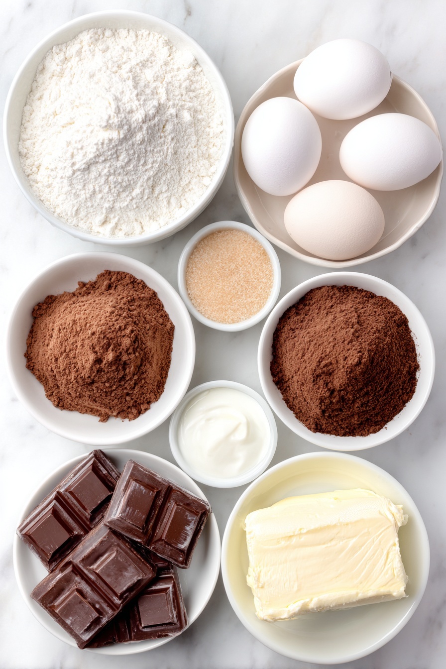 Flat lay of a small white ceramic bowl of all-purpose flour, a small white ceramic bowl of unsweetened natural cocoa powder, a white ceramic bowl of baking powder, a white ceramic bowl of salt, four large whole eggs with clean shells, a small white ceramic bowl of granulated sugar, a small white ceramic bowl of light brown sugar, a small white ceramic bowl of vegetable oil, a small white ceramic bowl of buttermilk, a small white ceramic bowl of white vinegar, a small white ceramic bowl of red liquid food coloring, a small white ceramic bowl of pure vanilla extract, a small white ceramic bowl of confectioners’ sugar, a block of full-fat cream cheese, and a small white ceramic bowl of unsalted butter, all arranged symmetrically and balanced, placed on a clean white marble surface, soft natural light, photo taken with an iPhone, professional food photography style, fresh ingredients, white ceramic bowls, no bottles, no duplicates, no utensils, no packaging --ar 2:3 --v 7 --p m7354615311229779997