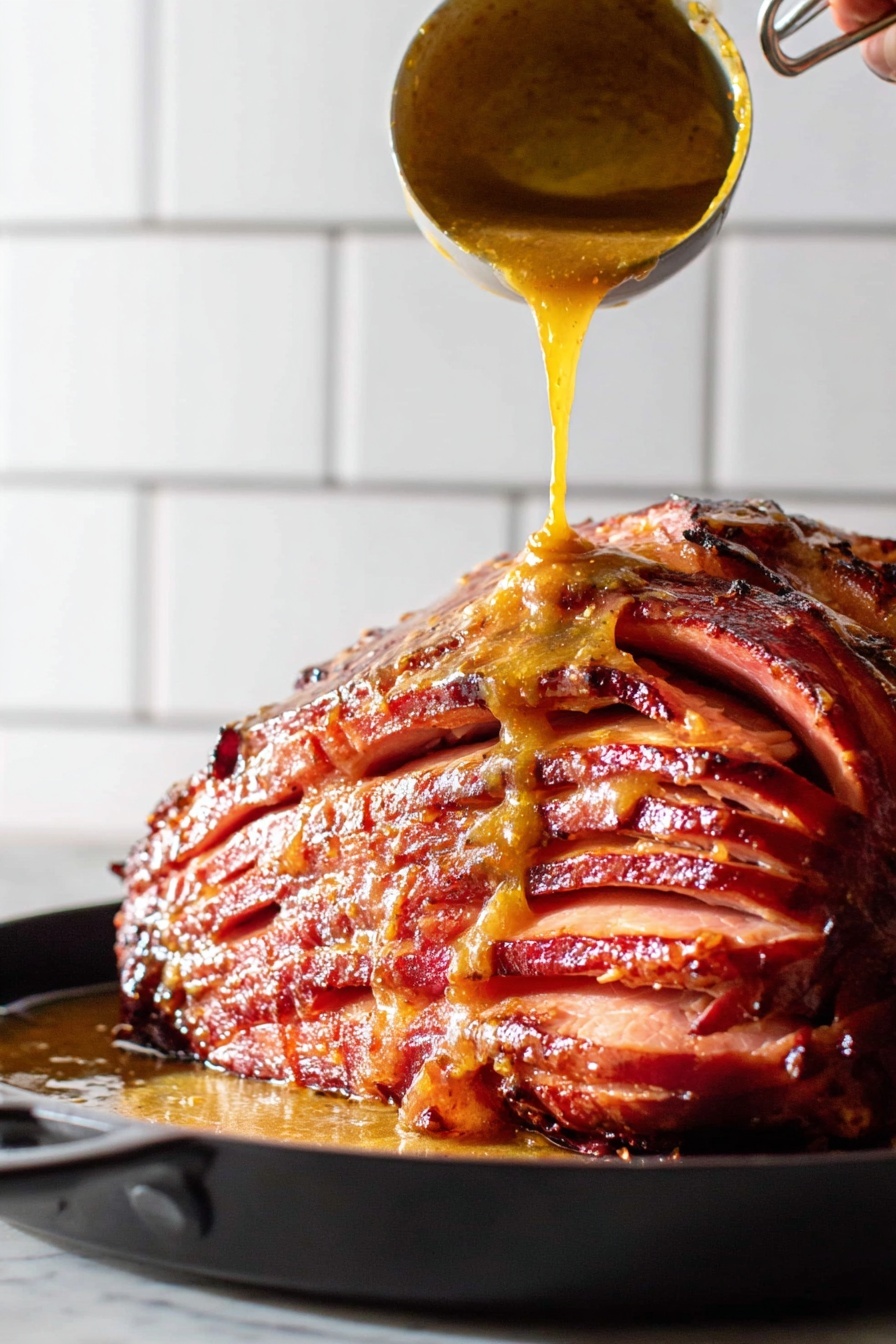 A close-up view of a large cooked ham with many thick slices stacked and showing a shiny, brown glaze on the surface, sitting in a black pan on a white marbled surface. A woman's hand is holding a small clear glass jar filled with a smooth yellow sauce, while another woman's hand is using a spoon to pour the sauce over the top of the ham, with the sauce flowing down the sides and shining in the light. The background shows white tiled walls. photo taken with an iphone --ar 2:3 --v 7