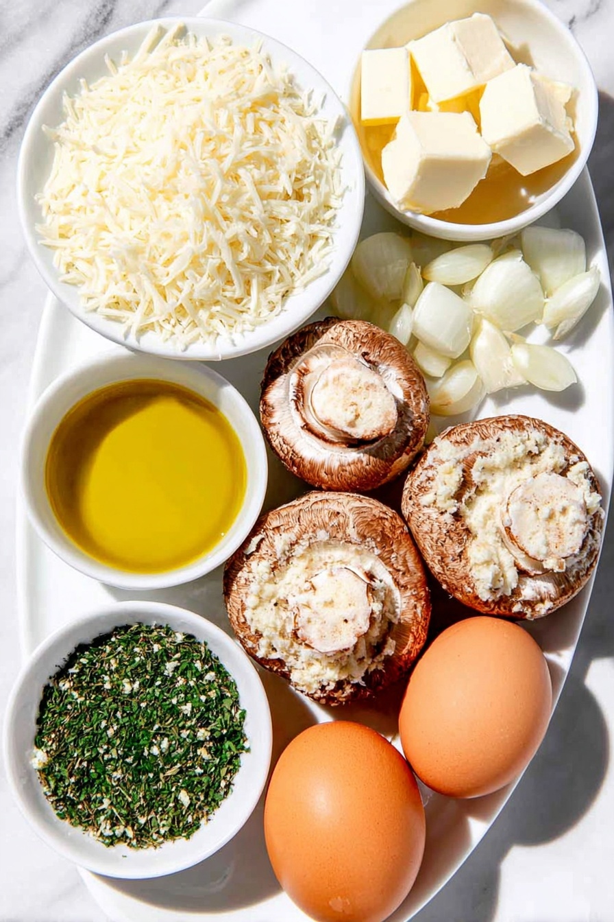 Flat lay of fresh cremini mushrooms sliced thinly arranged next to two whole uncracked brown eggs, a small pile of Arborio rice grains, finely chopped shallots beside four peeled garlic cloves, a small white ceramic bowl filled with golden olive oil, a matching bowl holding creamy unsalted butter cubes, a simple white bowl containing warm low sodium chicken broth, another bowl with freshly shredded Parmesan cheese, and a sprinkling of dried parsley, basil, and thyme herbs artfully scattered on a clean white ceramic plate, all placed on a clean white marble surface, soft natural light, photo taken with an iPhone, professional food photography style, fresh ingredients, white ceramic bowls, no bottles, no duplicates, no utensils, no packaging --ar 2:3 --v 7 --p m7354615311229779997