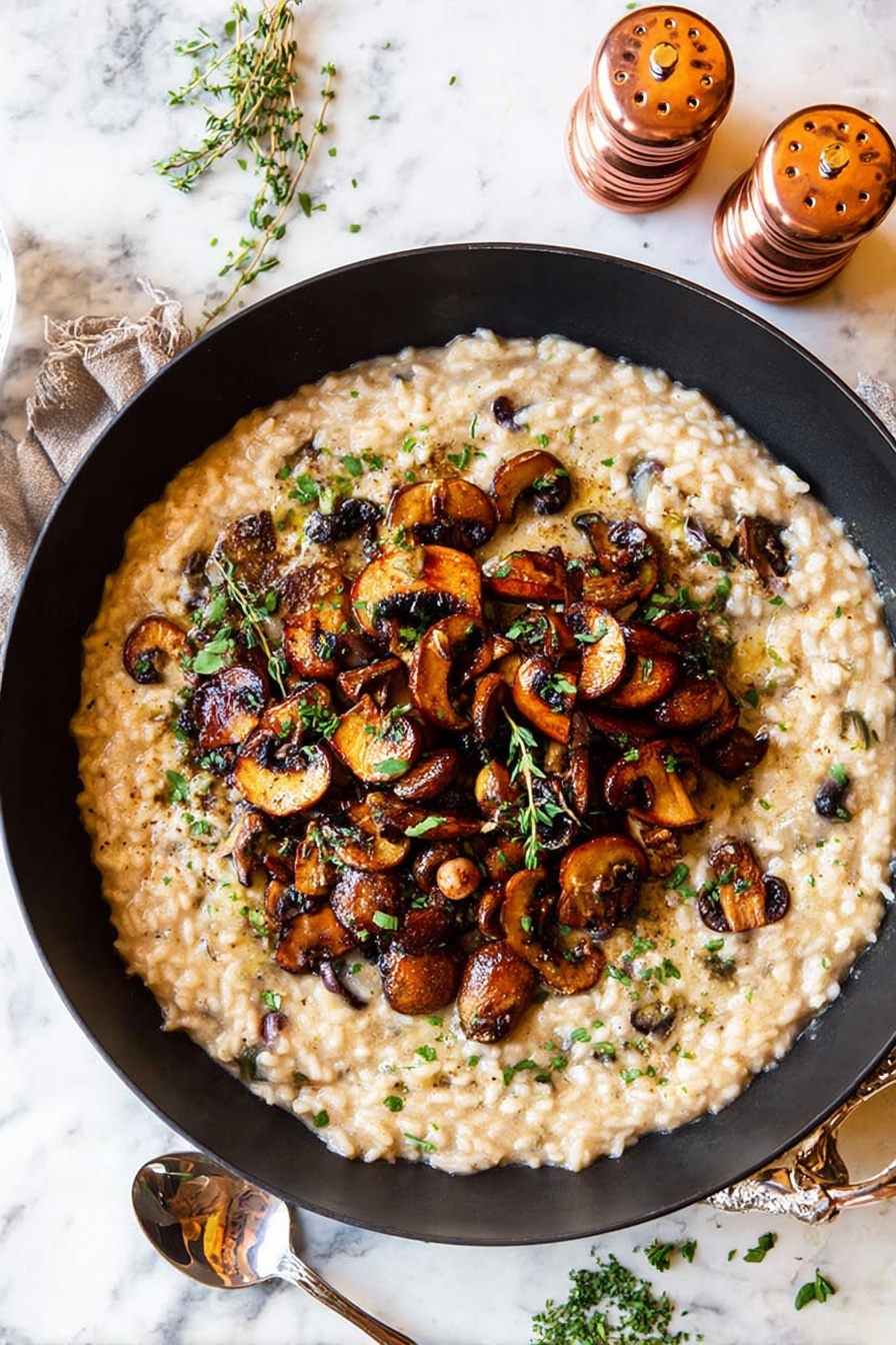 A large black pan filled with creamy risotto forms the base layer, its texture smooth and pale beige with small dark flecks. Sitting on top of the risotto is a generous mound of sautéed mushrooms with rich brown and golden hues, some slices slightly shiny from the cooking oil. Scattered green herb leaves and small sprigs of thyme rest on the mushrooms and risotto, adding spots of fresh green color. The whole dish sits on a white marbled surface, with some loose green herbs around it. Nearby are two copper-toned shakers to the right and a shiny silver spoon to the left. photo taken with an iphone --ar 2:3 --v 7
