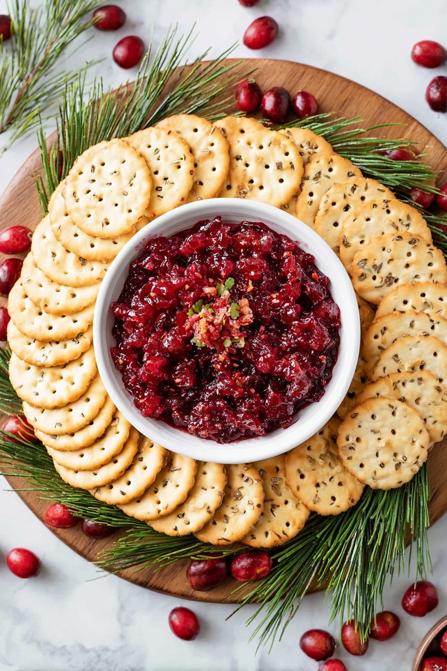A round wooden board holds a white bowl full of bright red cranberry relish with small chopped bits, placed in the center. Around the bowl are three layers of round crackers: the top left layer is light golden with small holes, the top right layer is light beige with visible seeds, and the bottom layer is a plain light golden color with more holes. Green pine leaves are placed underneath the crackers, peeking out between them. The board sits on a white marbled surface scattered with red cranberries and more green pine leaves. photo taken with an iphone --ar 2:3 --v 7