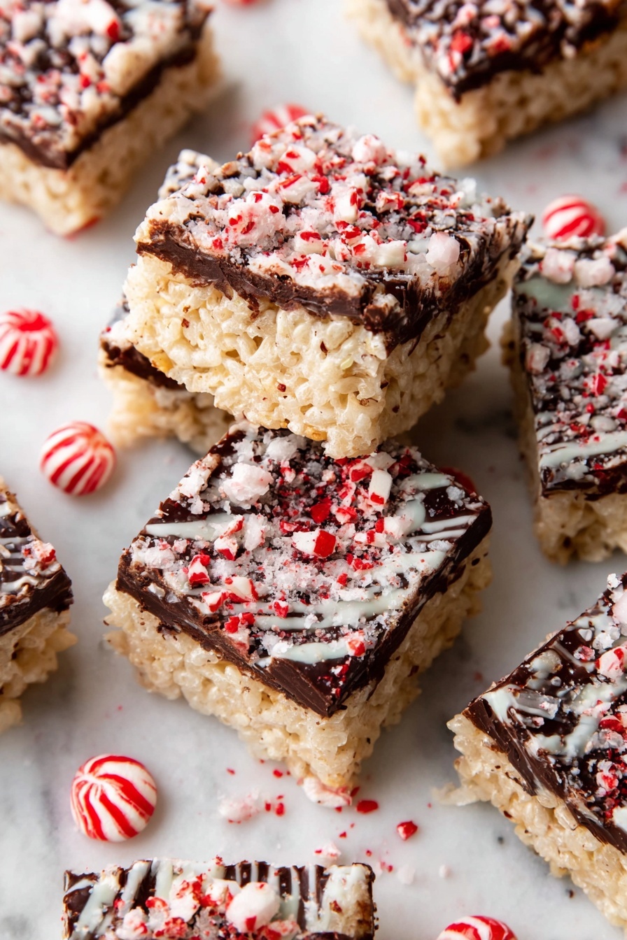 The image shows several square pieces of a crispy rice treat stacked loosely on a white marbled surface. Each treat has two layers: the bottom layer is light golden in color with a puffy, airy texture from the crispy rice, while the top layer is made of dark brown chocolate with white chocolate drizzled unevenly over it. The chocolate is sprinkled with crushed red and white candy pieces, adding a textured, festive touch. Around the treats are whole round peppermint candies with red and white stripes, scattered randomly across the surface. The photo is taken with an iphone --ar 2:3 --v 7