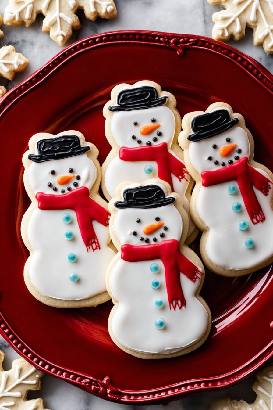 The image shows a white marbled surface with several snowflake-shaped cookies decorated with white icing and small blue candy centers. On a shiny red plate with detailed edges, five snowman-shaped cookies are neatly arranged, each decorated with smooth white icing covering the body, black icing for the eyes, mouth, and three buttons, and a black hat. The snowmen have orange carrot-shaped noses and bright red scarves that add a splash of color. The plate's rich red contrasts with the white cookies and the white marbled surface, creating a festive and cozy look. photo taken with an iphone --ar 2:3 --v 7