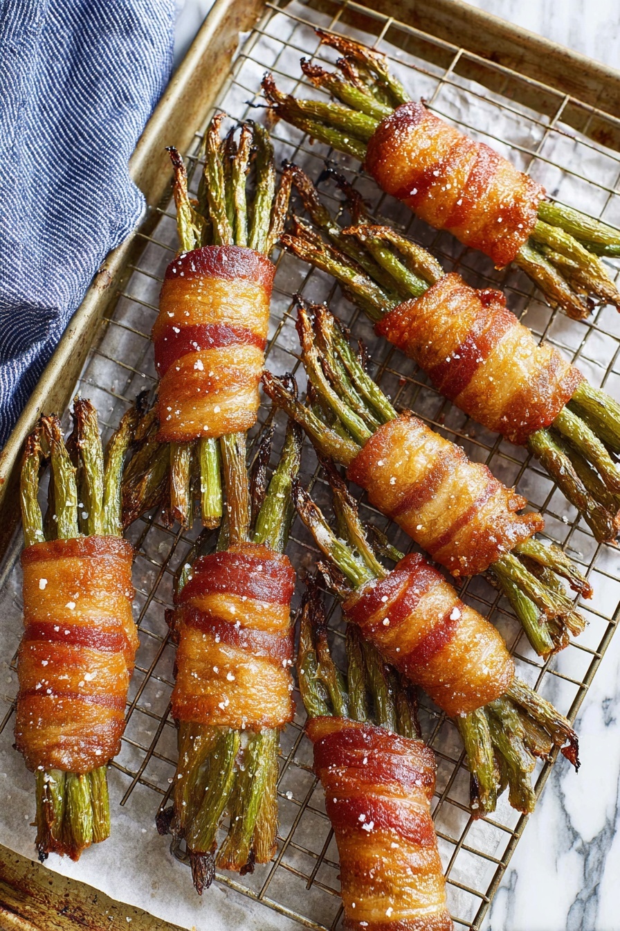 Several bundles of green beans are tightly wrapped in golden brown crispy bacon, each bundle showing the green beans fanning out at both ends. The bacon has a slightly rough texture with visible salt crystals sprinkled on top. The bundles rest on a dark wire rack that sits on a white marbled surface, creating contrast with the bright green beans and warm bacon tones. photo taken with an iphone --ar 2:3 --v 7