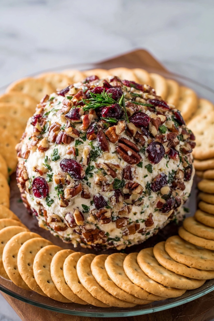 A round cheese ball covered in a mix of chopped pecans, dried cranberries, and green herbs sits in the center of a white plate. The cheese ball itself is creamy white, with the nuts and dried fruit adding rich brown, deep red, and green colors to its rough texture. Around the cheese ball is a neat circle of light golden-brown crackers, each with a smooth and slightly shiny surface. The plate rests on a white marbled surface. Photo taken with an iphone --ar 2:3 --v 7