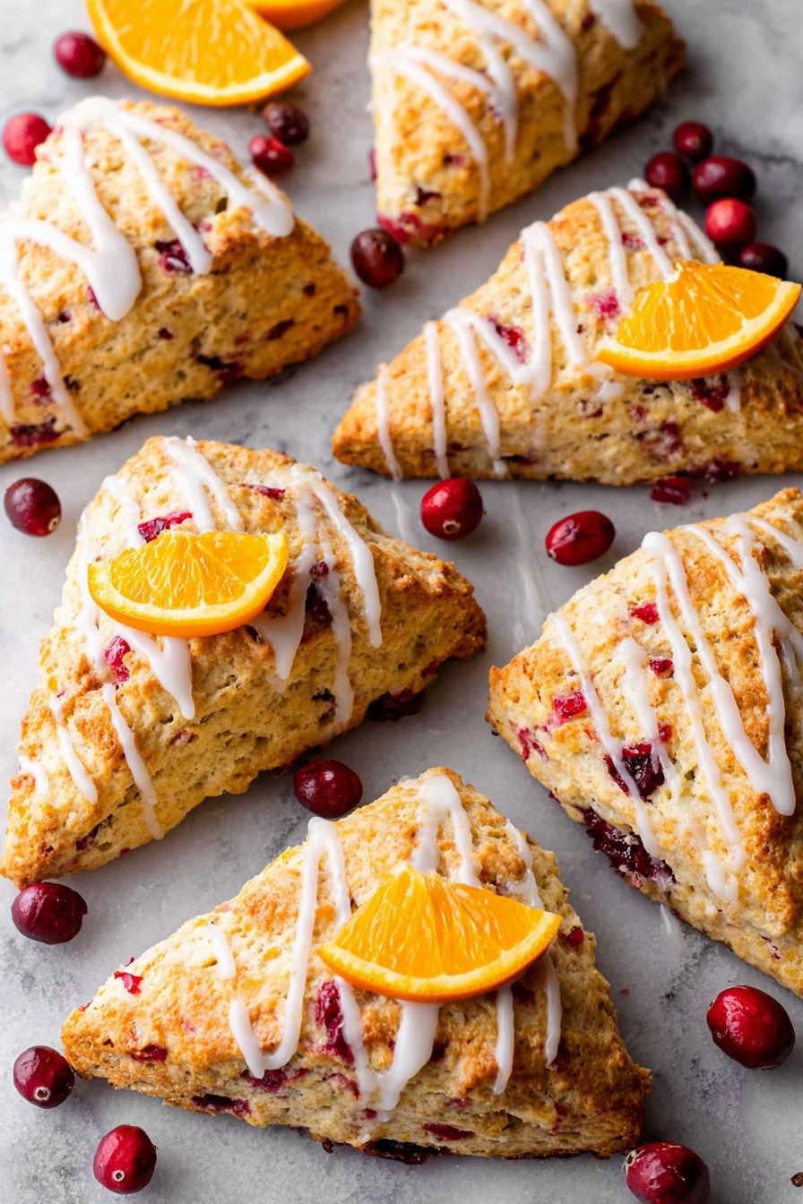 Seven golden brown, triangle-shaped scones with a rough texture sit on a white marbled surface. Each scone has deep red cranberry pieces inside and is topped with a drizzle of white icing in thin lines. Two orange slices are placed between the scones, adding bright orange accents. Scattered whole cranberries are also on the surface, giving red spots around the scones. One scone in the front has a small orange slice on top. The overall look is fresh, colorful, and inviting photo taken with an iphone --ar 2:3 --v 7
