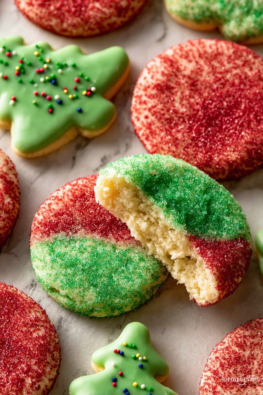 The image shows a close-up of round sugar cookies covered in two colors of coarse sugar: red and green. The red and green sugared cookies are arranged on a flat white marbled surface with a slightly rough texture. One green sugar-coated cookie is broken in half, showing a soft, light yellow inside with a crumbly texture. There are also some Christmas tree-shaped sugar cookies with smooth green icing and colorful small sprinkles on the sides of the image. The arrangement is casual and inviting, highlighting the different textures and festive colors of the cookies. photo taken with an iphone --ar 2:3 --v 7