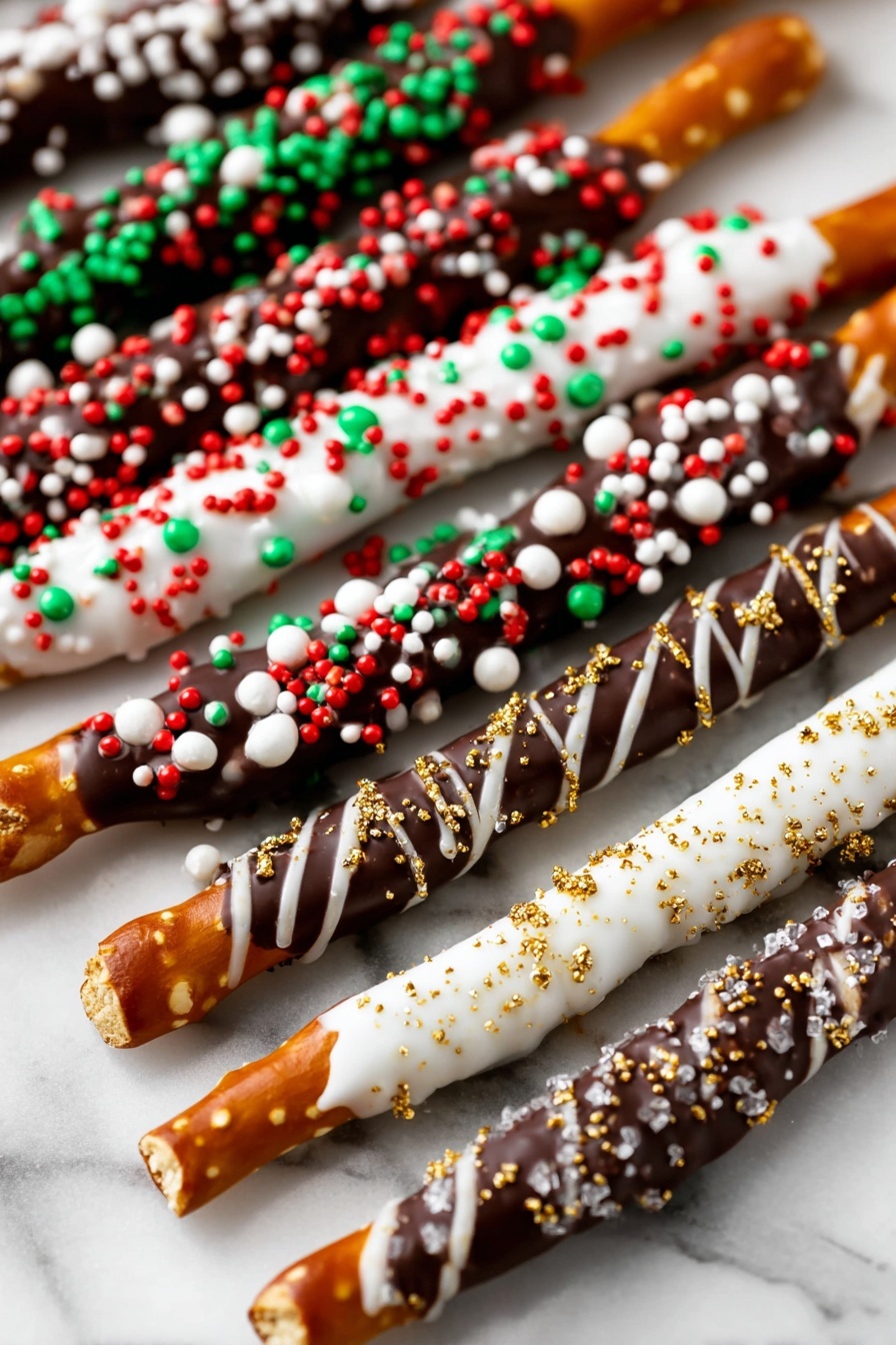 Five long pretzel rods lie side by side on a white marbled textured surface. Each rod is coated halfway down from the top in different layers of smooth chocolate and white icing, with colorful round sprinkles covering or decorating the chocolate. The first pretzel has a dark brown chocolate base covered by a mix of red, green, and white round sprinkles; the second is coated with dark chocolate drizzled with white icing in a zigzag pattern; the third is fully coated in white icing with red, green, and white round sprinkles; the fourth is dipped in dark chocolate and covered with a white icing drizzle and small golden sprinkles; the fifth is partially visible but shows a mix of chocolate, white icing, and red sprinkles. Photo taken with an iphone --ar 2:3 --v 7