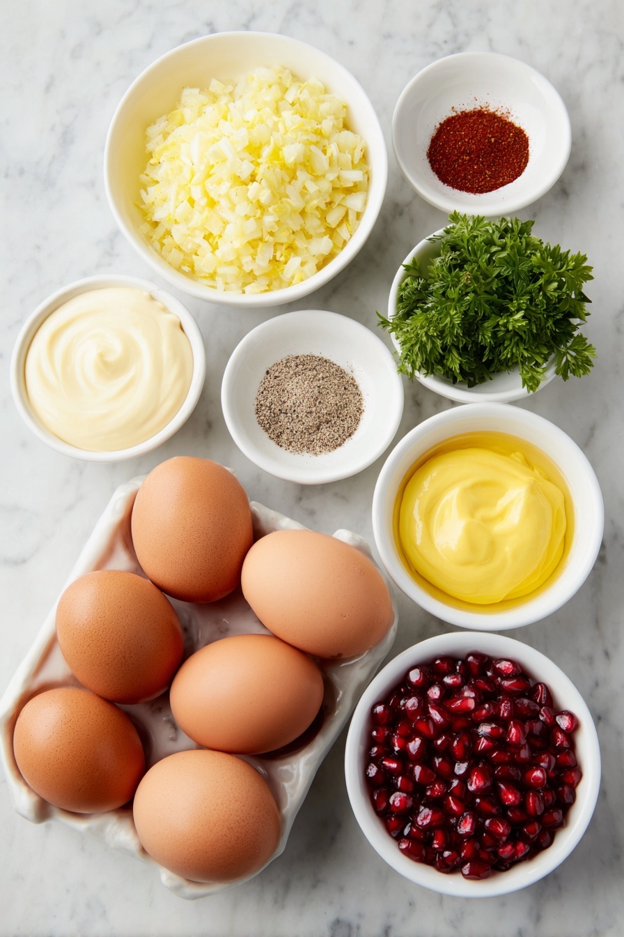 Flat lay of six whole uncracked large brown eggs, a small white ceramic bowl of creamy mayonnaise, a small white ceramic bowl of bright yellow dijon mustard, a small white ceramic bowl of finely minced dill pickle, a small white ceramic bowl of diced vivid red onion, a small white ceramic bowl of ground black pepper, a small white ceramic bowl of fine sea salt, a small white ceramic bowl of deep red paprika powder, fresh green parsley sprigs, and a small white ceramic bowl of glossy ruby red pomegranate seeds, all neatly arranged in perfect symmetry and balanced proportions, placed on a clean white marble surface, soft natural light, photo taken with an iPhone, professional food photography style, fresh ingredients, white ceramic bowls, no bottles, no duplicates, no utensils, no packaging --ar 2:3 --v 7 --p m7354615311229779997