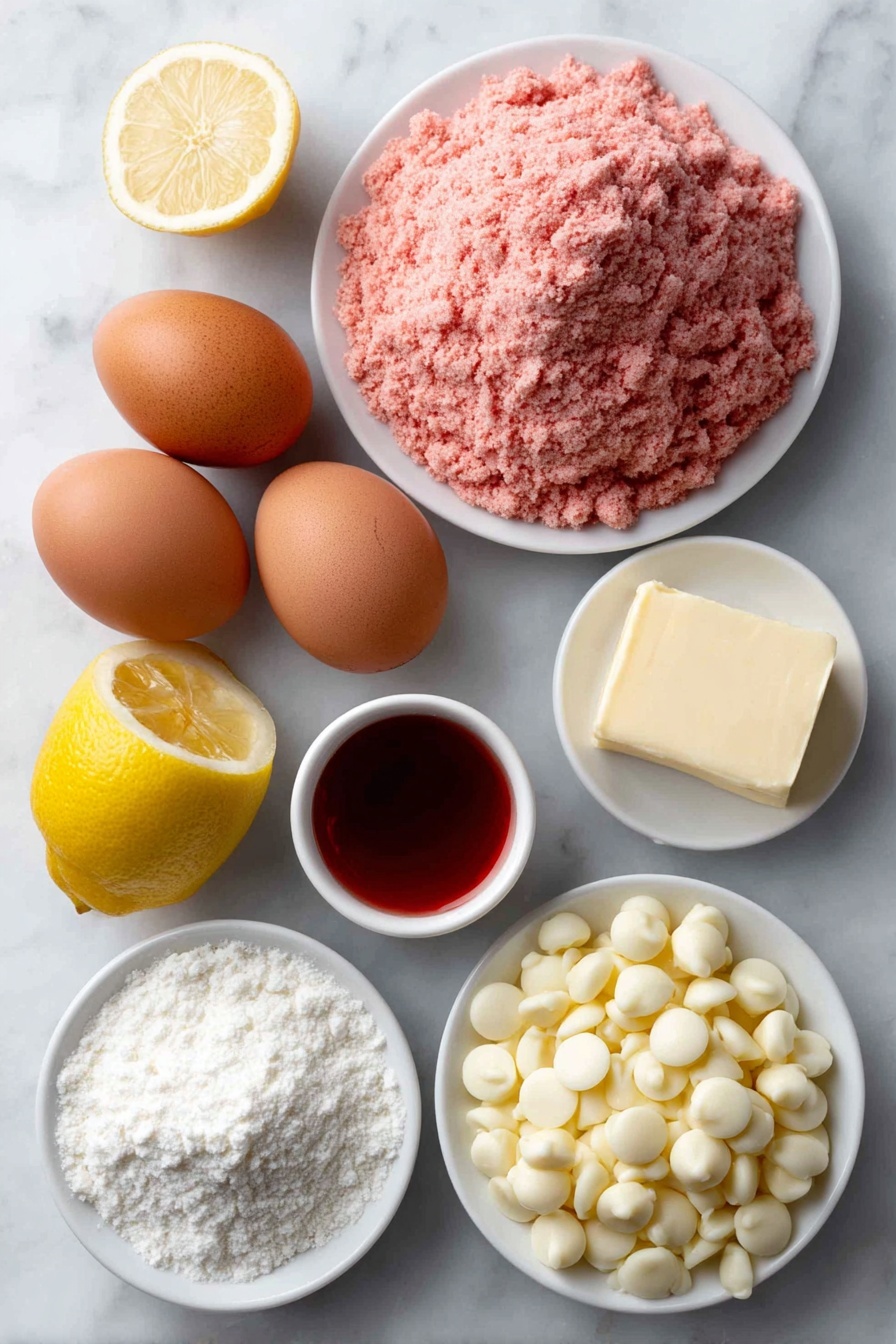 Flat lay of a mound of pink strawberry cake mix powder on a simple white ceramic plate, two large whole brown eggs with clean shells beside it, a small square of pale yellow salted butter on a white ceramic dish, a small white bowl filled with glossy red strawberry syrup, a small white bowl holding fresh lemon juice with a halved lemon nearby showing vibrant yellow flesh, a small heap of fine white baking soda powder on a white ceramic plate, and a neat pile of plump white chocolate chips displayed on another white ceramic dish, all arranged symmetrically and naturally placed on a clean white marble surface, soft natural light, photo taken with an iPhone, professional food photography style, fresh ingredients, white ceramic bowls, no bottles, no duplicates, no utensils, no packaging --ar 2:3 --v 7 --p m7354615311229779997