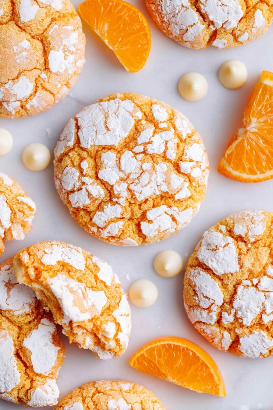 The image shows several round orange cookies with white powdered sugar cracked on top, lying flat on a white marbled surface. Each cookie has an uneven cracked texture with an orange base visible beneath the sugar coating. Scattered around the cookies are small white chocolate chips and bright orange slices, placed on the same white marbled background, adding a fresh contrast to the warm-toned cookies. photo taken with an iphone --ar 2:3 --v 7