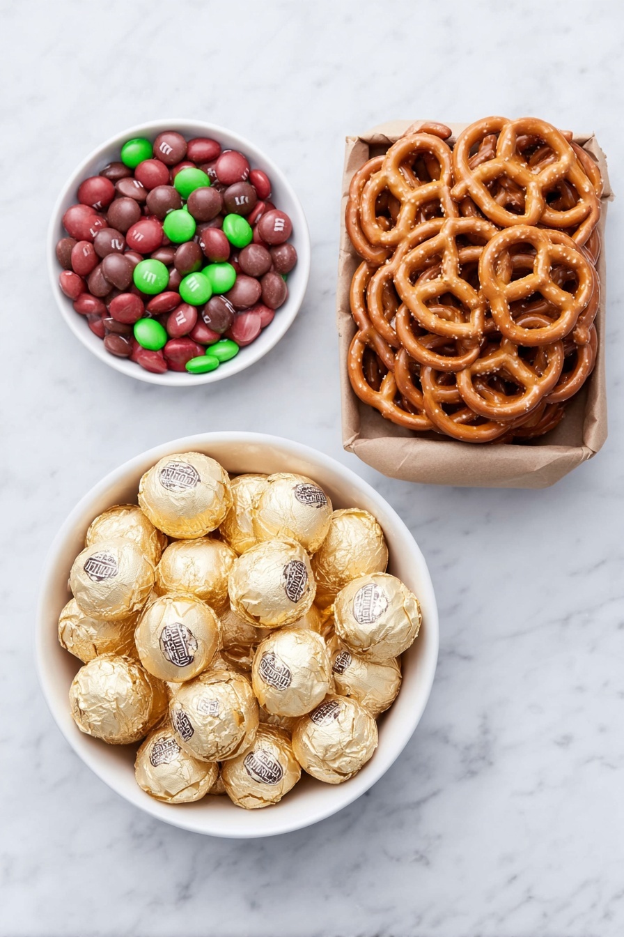 Flat lay of a neat stack of square pretzels with a golden-brown finish, a small white ceramic bowl filled with red and green milk chocolate M&M's, a small white ceramic bowl holding unwrapped Hershey's Hugs chocolates—each with a glossy silver and milk chocolate swirl—placed beside them, all arranged symmetrically and balanced, placed on a clean white marble surface, soft natural light, photo taken with an iPhone, professional food photography style, fresh ingredients, white ceramic bowls, no bottles, no duplicates, no utensils, no packaging --ar 2:3 --v 7 --p m7354615311229779997