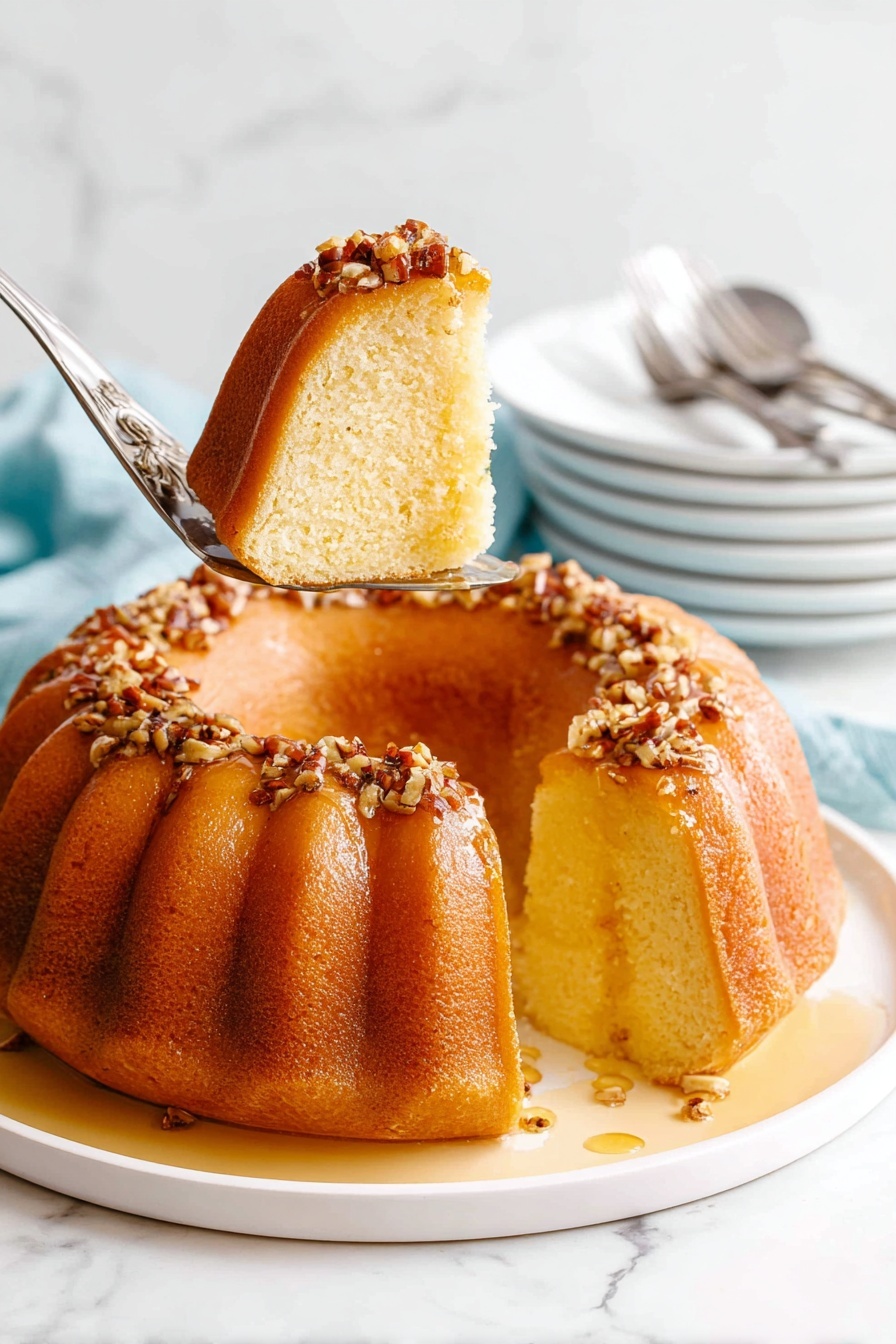 The image shows a round bundt cake with a golden brown outside and a smooth, light yellow inside. It has ridges on the outer layer from the cake mold, and the top edges are covered with small pieces of chopped nuts. A piece of cake, showing the soft texture inside, is lifted by a silver spatula above the cake. The cake sits on a white plate with some syrup dripping around its base. In the background, there are stacked white plates and silver forks on a white marbled surface, along with a light blue cloth partly visible next to the plate. photo taken with an iphone --ar 2:3 --v 7