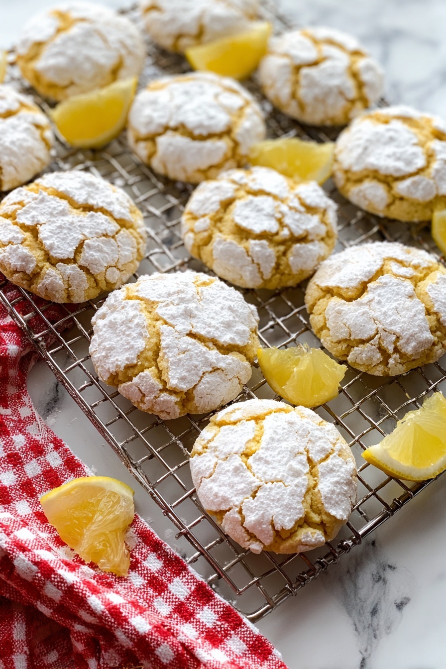A group of round cookies with a cracked top covered in white powdered sugar, showing golden-yellow cookie underneath. They rest spaced on a silver cooling rack placed on a white marbled surface. Bright yellow lemon wedges are scattered among the cookies for decoration. A red and white checkered cloth sits partially visible in the bottom left corner. photo taken with an iphone --ar 2:3 --v 7