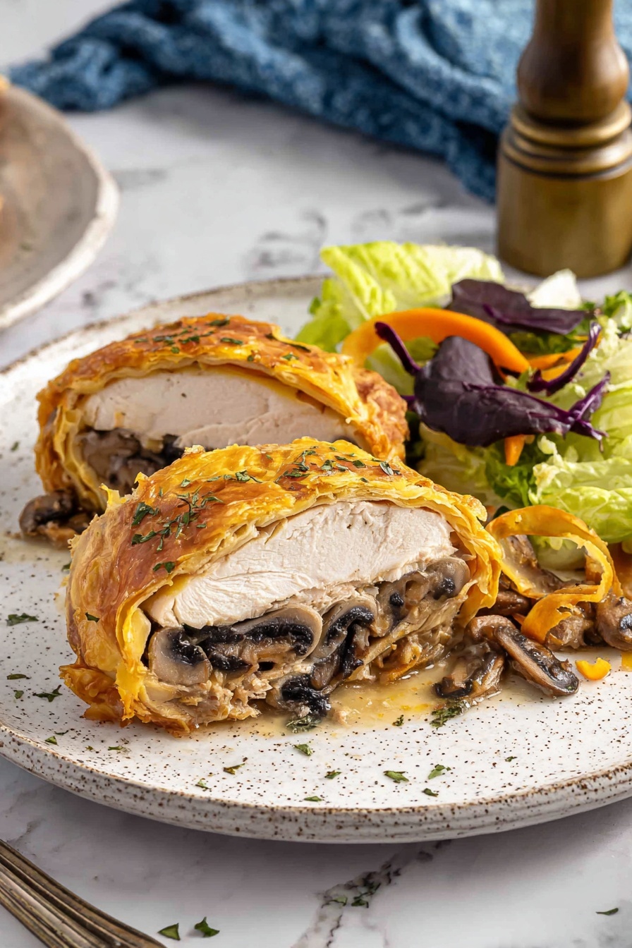 The dish shows two thick slices of a golden brown pastry-wrapped chicken with a visible layering inside: a top layer of cooked white chicken, a middle layer of dark cooked mushrooms, all enclosed in a shiny, flaky golden crust sprinkled with green herbs. The slices rest on the left side of a white speckled plate, with a fresh side salad on the right made of light green lettuce, thin dark purple cabbage strips, and orange carrot ribbons. A golden fork with some mushrooms on it lays near the slices on the right edge of the plate. The background is a white marbled surface with some blue fabric in the back and a brass pepper grinder. The photo taken with an iphone --ar 2:3 --v 7
