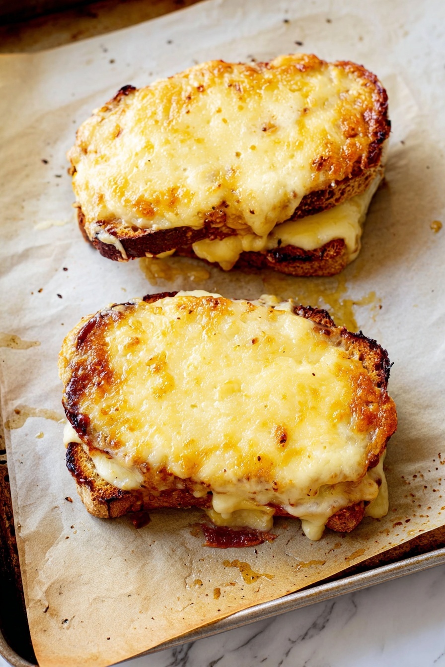 The image shows two small stacks of food on baking paper over a tray, each stack made of layers including a browned base, a middle layer of dark red color, and topped with a thick, golden-yellow melted cheese layer that is slightly browned in spots and oozing around the edges. The melted cheese has a smooth, creamy texture with some spots where it has cooked more, creating a slightly crisp look. The baking paper underneath has spots of browned melted cheese and other baked drips. The surface under the tray is a white marbled texture. photo taken with an iphone --ar 2:3 --v 7