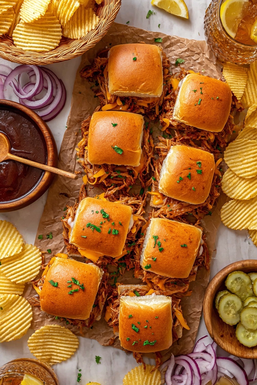 There are nine small square sandwiches with golden brown soft tops sprinkled with chopped green herbs arranged in a 3x3 grid on brown paper. Each sandwich has layers of shredded orange cheese, reddish-brown sauced meat, and thin slices of purple onion peeking out from between the warm, toasted white buns. To the left is a round wooden bowl filled with dark brown sauce and a wooden spoon resting in it. Around the sandwiches, there are ridged golden potato chips scattered on the white marbled surface, along with sliced yellow pickles and some raw purple onion rings. In the top left corner, a basket holds more ridged golden chips, and on the right, a glass-brimmed drink with lemon wedges in a woven holder sits partially in frame. photo taken with an iphone --ar 2:3 --v 7