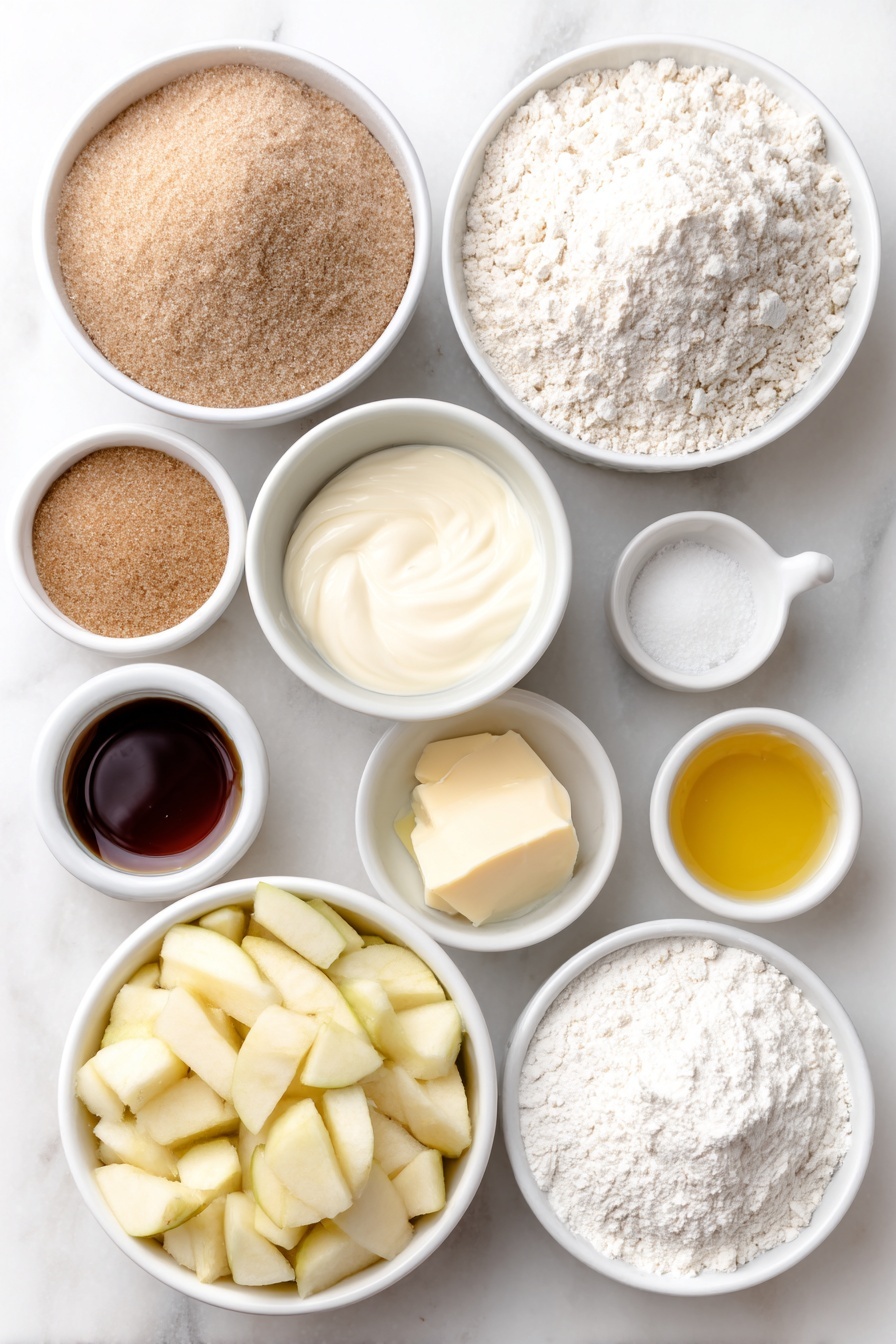 Flat lay of three cups of all-purpose flour in a mound, a small white bowl of active dry yeast granules, a small white bowl of golden brown sugar, a small white bowl of fine salt, a small white bowl of pale apple cider, a whole large egg with clean, uncracked shell, a small white bowl of warm milk with melted salted butter swirled in, peeled and diced fresh apples in a neat pile, a small white bowl of melted salted butter, a small white bowl of bright lemon juice, a small white bowl of vanilla extract, a small white bowl of ground cinnamon powder, a small white bowl of white cornstarch powder, a small white bowl of powdered sugar, all placed symmetrically on simple white ceramic bowls and plates, arranged with perfect balance and proportion, placed on a clean white marble surface, soft natural light, photo taken with an iPhone, professional food photography style, fresh ingredients, white ceramic bowls, no bottles, no duplicates, no utensils, no packaging --ar 2:3 --v 7 --p m7354615311229779997