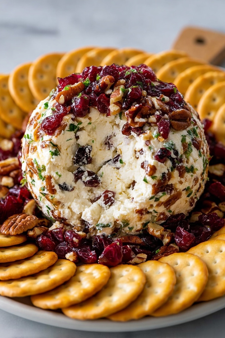 The image shows a round cheese ball with three visible layers: the inside creamy white cheese with small bits of dark dried fruit mixed in, a middle layer covered in chopped green herbs, and an outer layer coated in a mix of bright red dried cranberries and brown pecan pieces. The cheese ball sits in the center of a white plate, surrounded by a neat ring of light golden, round crackers with small holes. The background surface is a white marbled texture. photo taken with an iphone --ar 2:3 --v 7