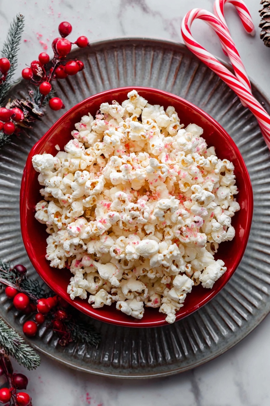 A bowl of popcorn with tiny red and white specks is shown from above. The popcorn is fluffy and white with subtle red bits scattered inside. The popcorn fills a red bowl, which sits on a round gray plate with a ridged texture. The plate and bowl rest on a white marbled surface. Around the plate are two candy canes with red and white stripes and some small red berries and pinecone twigs as decoration. Photo taken with an iphone --ar 2:3 --v 7