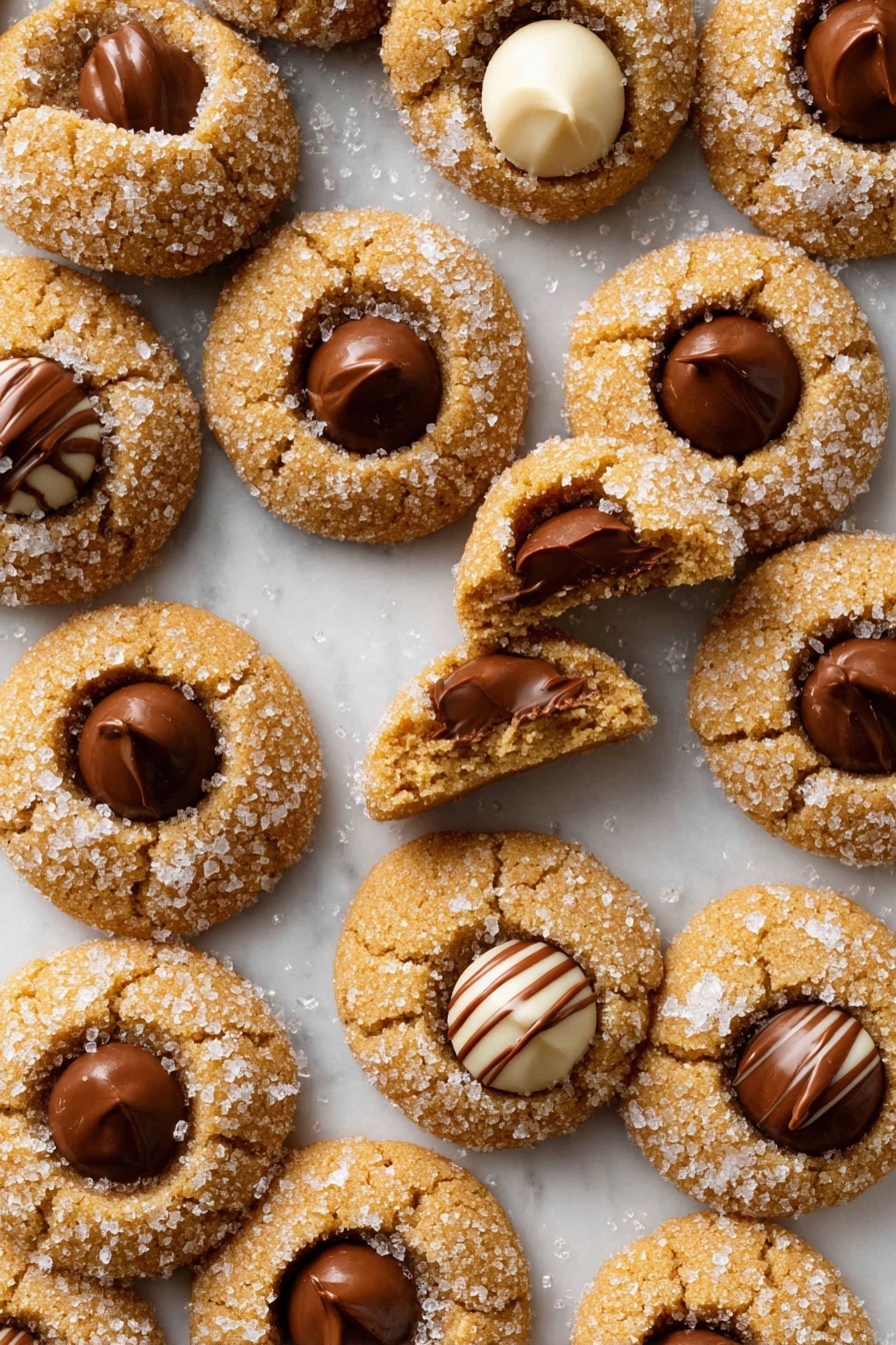 The image shows many round cookies spread out on a white marbled surface. Each cookie is golden brown and covered with large sugar crystals on top, adding a grainy texture. They all have a circular hollow in the center filled with a smooth chocolate piece, some milk chocolate and some white chocolate with brown stripes. One cookie is broken open, showing a soft inside, while the chocolate center stays smooth and shiny. The cookies are closely placed but not touching, creating a neat pattern. photo taken with an iphone --ar 2:3 --v 7