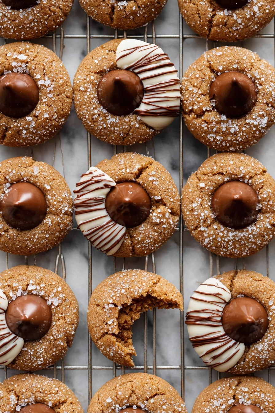 The image shows multiple round cookies arranged in a grid on a metal cooling rack over a white marbled surface. Each cookie has two visible layers: the base is a rough-textured golden-brown dough, sprinkled with large sugar crystals that add shine and sparkle, and the top center is decorated with a smooth, glossy chocolate piece. The chocolate comes in two types – one is solid milk chocolate shaped like a small dome with a rounded peak, and the other is white chocolate with dark brown stripes drizzled across it, giving a striped pattern. One cookie near the center has a bite taken out, revealing a soft inside and melted chocolate. photo taken with an iphone --ar 2:3 --v 7