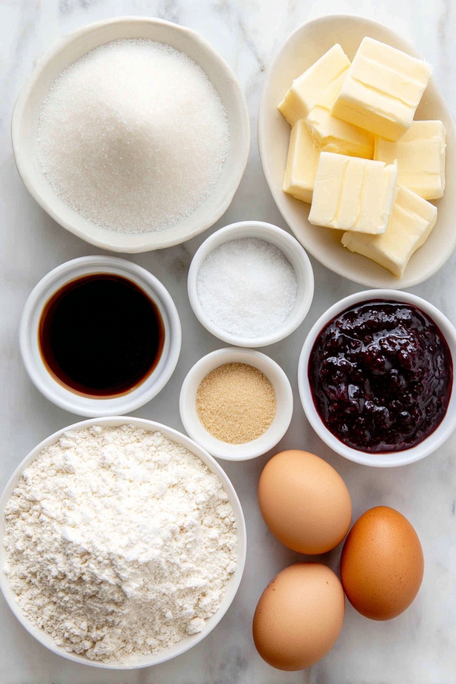 Flat lay of a small mound of soft unsalted butter, a small white ceramic bowl of granulated sugar, two whole brown eggs with clean shells, a small white ceramic bowl of pure vanilla extract, a small white ceramic bowl of almond extract, a small pinch of salt scattered neatly, a simple heap of all-purpose flour, a small white ceramic bowl filled with vibrant raspberry jam, and a small white ceramic bowl of confectioners’ sugar arranged perfectly on a clean white marble surface, soft natural light, photo taken with an iPhone, professional food photography style, fresh ingredients, white ceramic bowls, no bottles, no duplicates, no utensils, no packaging --ar 2:3 --v 7 --p m7354615311229779997