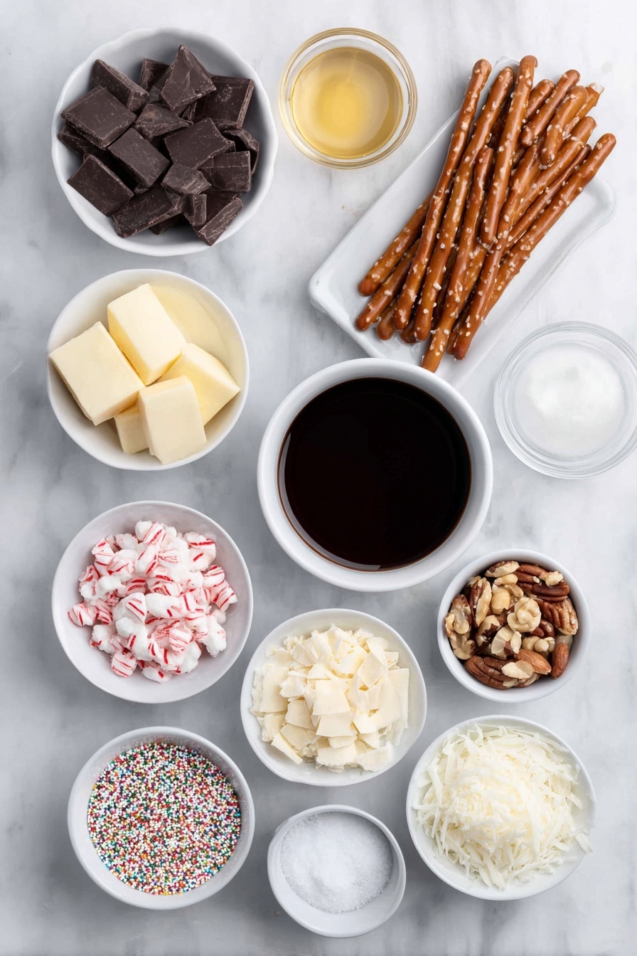 Flat lay of whole pretzel rods arranged neatly, a small pile of chopped semisweet baking chocolate chunks, a small white ceramic bowl of coconut oil, a small white ceramic bowl with clear corn syrup, a small white ceramic bowl filled with chopped vanilla almond bark, a white ceramic bowl containing crushed candy canes, a white ceramic bowl with colorful sprinkles, a white ceramic bowl of chopped nuts, and a white ceramic bowl of shredded coconut, all ingredients fresh and natural, placed on a clean white marble surface, soft natural light, photo taken with an iPhone, professional food photography style, fresh ingredients, white ceramic bowls, no bottles, no duplicates, no utensils, no packaging --ar 2:3 --v 7 --p m7354615311229779997