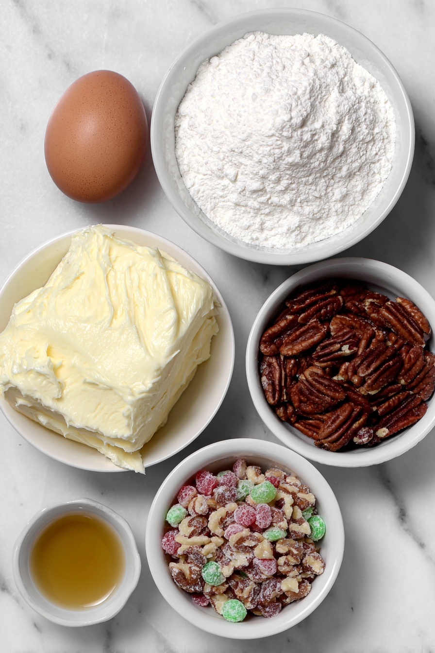 Flat lay of a small mound of fresh pale yellow butter, a small white ceramic bowl filled with fine white powdered sugar, a single whole brown egg with a clean shell, a small white ceramic bowl holding golden vanilla extract, a small pile of unbleached all-purpose flour, a small heap of chopped raw nuts with natural brown and cream tones, and a small white ceramic bowl containing a colorful mix of quartered red and green candied cherries, all arranged with perfect symmetry on a clean white marble surface, soft natural light, photo taken with an iPhone, professional food photography style, fresh ingredients, white ceramic bowls, no bottles, no duplicates, no utensils, no packaging --ar 2:3 --v 7 --p m7354615311229779997