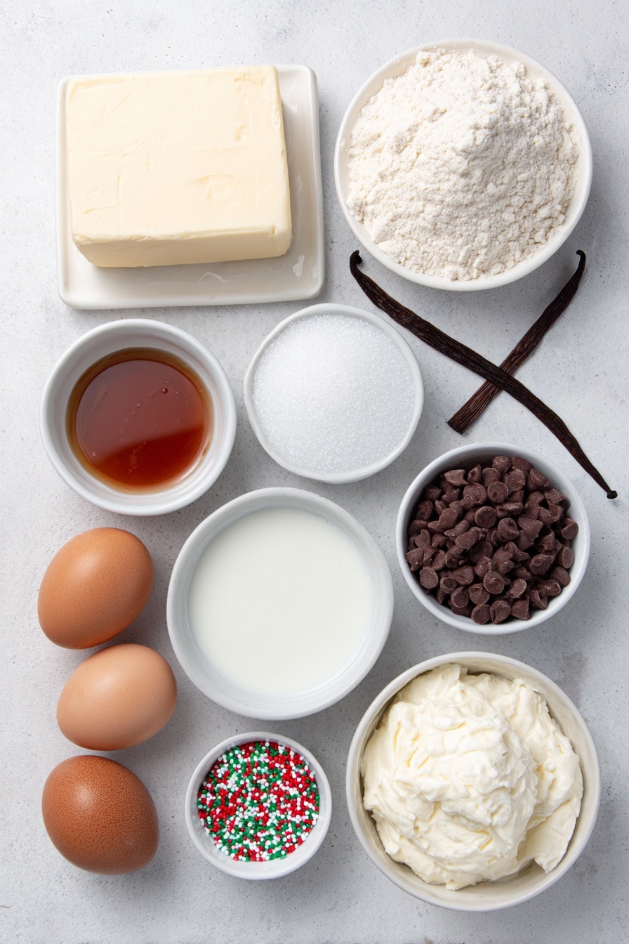 Flat lay of unsalted butter in a small solid block, a simple white ceramic bowl filled with clear water, a small white bowl containing granulated sugar sparkling under natural light, a fresh vanilla bean pod next to a small white bowl of pure vanilla extract, a mound of all-purpose flour on a clean white ceramic plate, a small white bowl with coarse kosher salt, two large uncracked brown eggs with clean shells, a small white bowl holding semisweet chocolate chips, another small white bowl with thick heavy cream, a small white bowl of ground cinnamon, and a small white bowl with red and green sprinkles alongside white nonpareils, all ingredients fresh and natural arranged in perfect symmetry in balanced proportions, placed on a clean white marble surface, soft natural light, photo taken with an iPhone, professional food photography style, fresh ingredients, white ceramic bowls, no bottles, no duplicates, no utensils, no packaging --ar 2:3 --v 7 --p m7354615311229779997