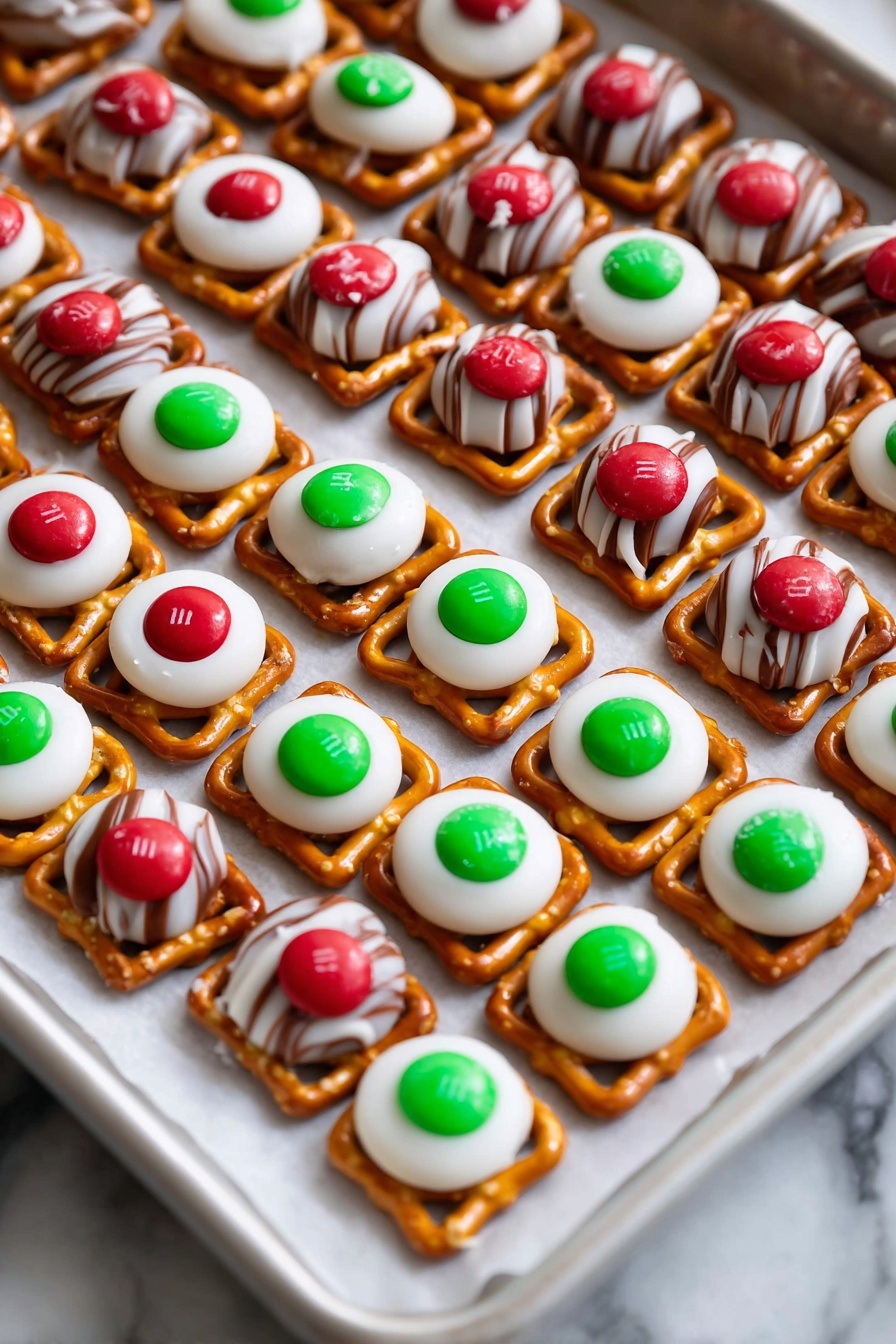 A tray filled with many small snacks arranged in rows, each snack having three layers: the bottom is a shiny golden square pretzel, the middle is a smooth, white circular candy with brown swirls, and the top is a single round candy piece in red or green placed right in the center. The pretzels have tiny salt bits on the edges, the white candies look glossy with evenly spaced brown stripes, and the red and green candies are bright and shiny. The tray is lined with white parchment paper, sitting on a white marbled surface. photo taken with an iphone --ar 2:3 --v 7