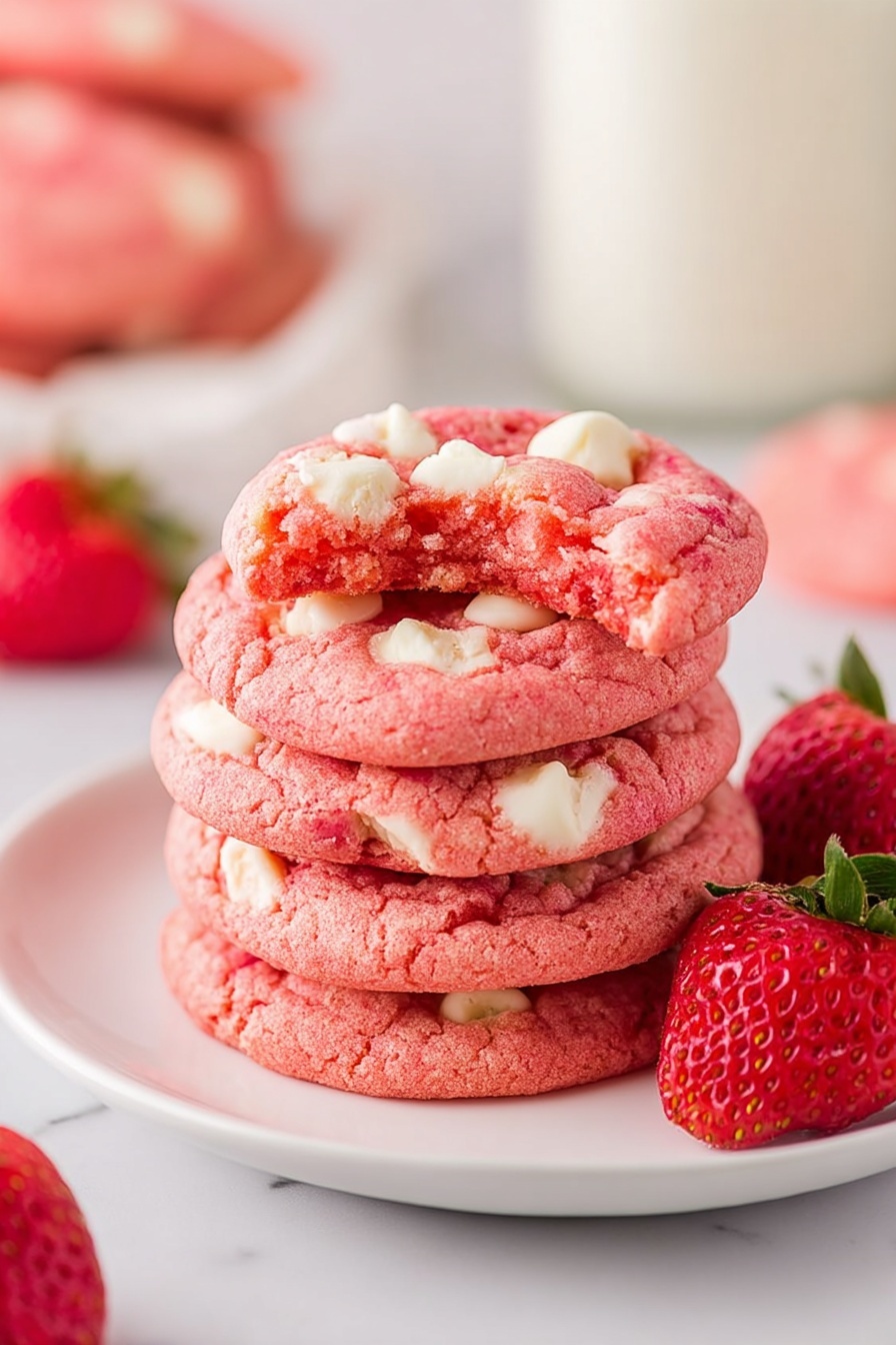 A stack of four pink cookies with white chunks inside is placed on a white plate over a white marbled surface. The top cookie has a bite taken out, showing a soft and slightly airy texture. Around the plate, there are fresh whole and half strawberries with a vibrant red color. In the background, more cookies and a bottle of milk are seen blurred. photo taken with an iphone --ar 2:3 --v 7