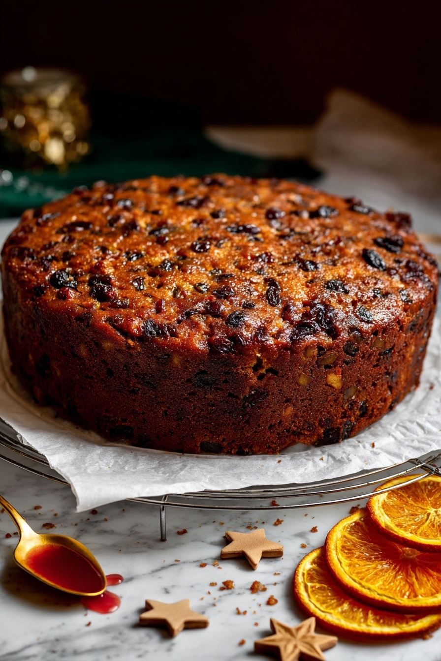 A round fruit cake with a dark brown, textured top filled with bits of dried fruit, resting on white parchment paper over a wire rack. The sides of the cake are thick and evenly baked with a deep brown color. Around the cake on a white marbled surface, there are scattered cake crumbs and small wooden star-shaped decorations. To the right side, there is a small stack of dried orange slices with vivid orange edges and a rich yellow center. A golden spoon with a bit of red liquid is placed on the left edge. The background is dark, making the cake and decorations stand out clearly. Photo taken with an iphone --ar 2:3 --v 7