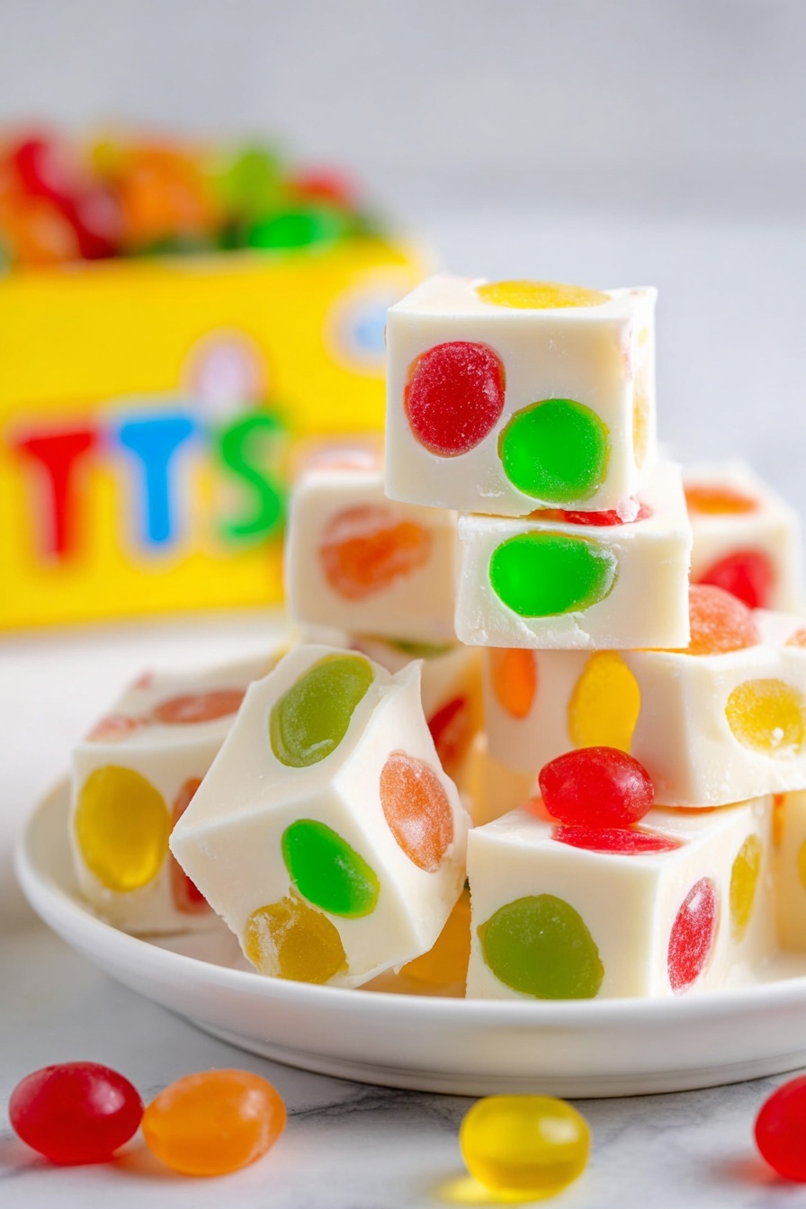 A white plate holds a stack of square white fudge pieces filled with bright colorful gumdrops in red, green, yellow, and orange. The fudge looks smooth and creamy, with the gumdrops embedded inside showing glossy, translucent round shapes. Some gumdrops are scattered around the base of the plate. The background is a white marbled texture with a blurred yellow box containing colorful gumdrops visible behind the plate. Photo taken with an iphone --ar 2:3 --v 7