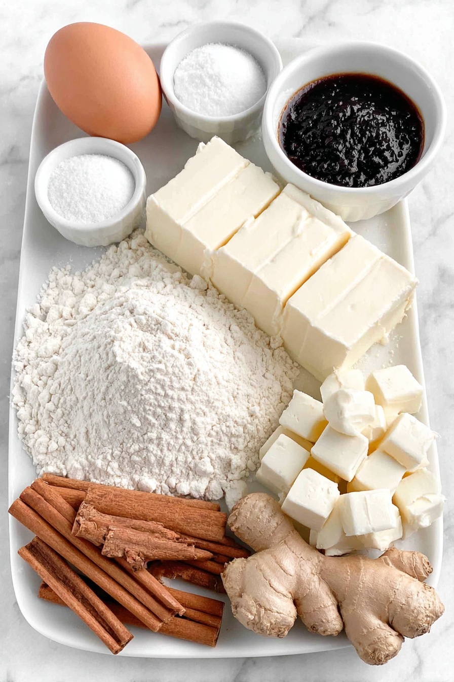 Flat lay of a small pile of all-purpose flour spooned neatly on a white ceramic plate, a small white bowl filled with dark molasses, a small white bowl of hot water, a small white bowl of granulated sugar, a small white bowl of vegetable oil, one large whole uncracked brown egg, a whole block of cream cheese with a smooth surface, a small white bowl of unsalted butter cubes, a small white bowl of sifted confectioners’ sugar, fresh whole sticks of cinnamon, a fresh piece of ginger root, whole nutmeg and whole cloves arranged symmetrically on a simple white ceramic plate, all ingredients fresh and natural, placed on a clean white marble surface, soft natural light, photo taken with an iPhone, professional food photography style, fresh ingredients, white ceramic bowls, no bottles, no duplicates, no utensils, no packaging --ar 2:3 --v 7 --p m7354615311229779997