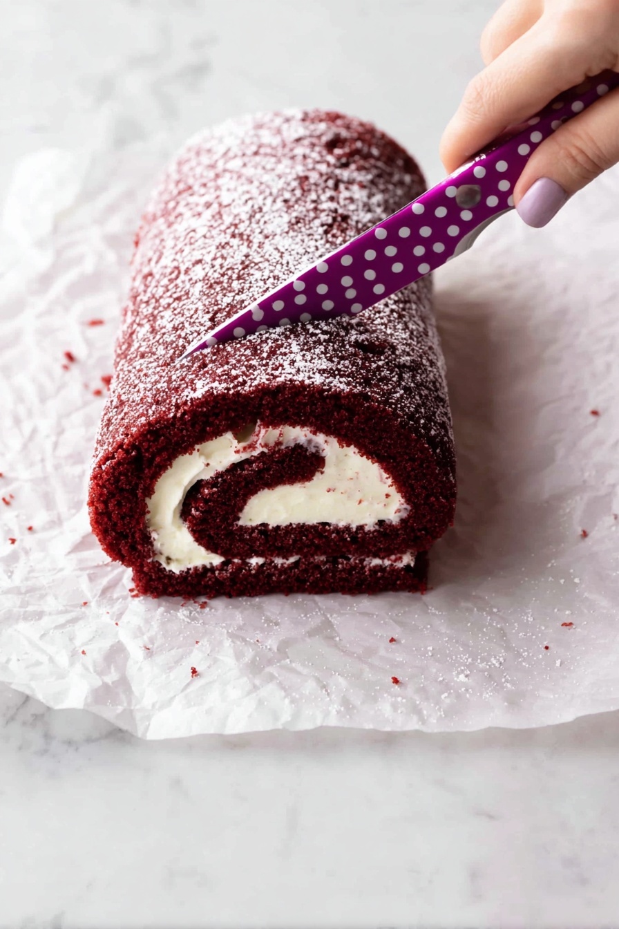 A red velvet roll cake with one thick dark red layer wrapped around a creamy white filling, sprinkled lightly with powdered sugar on top; a woman's hand with a purple and white polka dot knife is slicing through the cake from the top right; the roll cake sits on crinkled white parchment paper on a white marbled surface. photo taken with an iphone --ar 2:3 --v 7