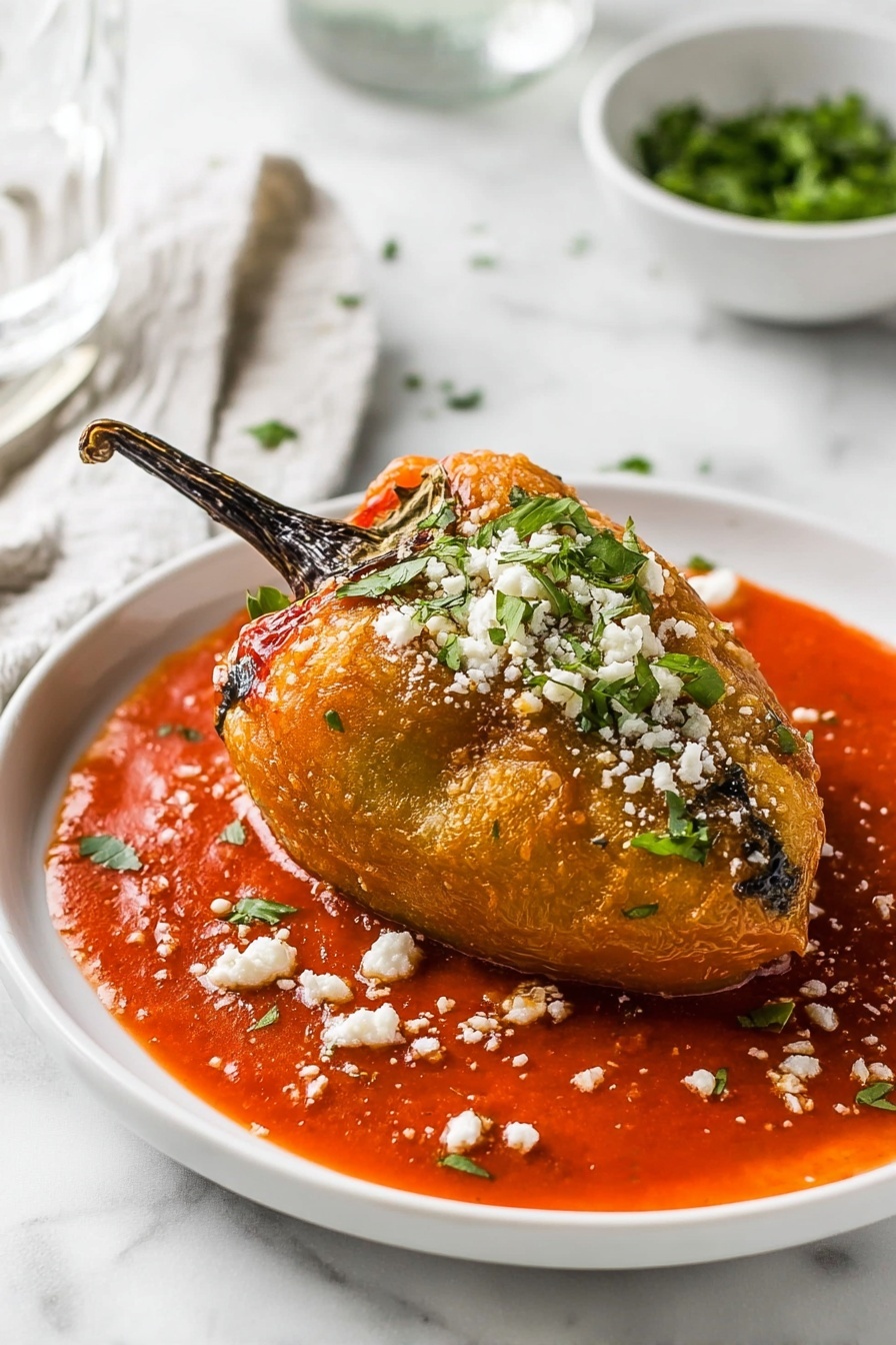 A single large deep-fried pepper with a golden brown crispy skin is placed on top of a bright red tomato sauce spread like a thick layer on a white plate. The pepper shows a slightly wrinkled texture and a blackened stem pointing upward. Crumbled white cheese and small chopped green herbs are sprinkled on top of the pepper and scattered lightly around the sauce on the plate. The plate rests on a white marbled surface with a blurred bowl of more green herbs and a glass in the background. The photo is taken with an iphone --ar 2:3 --v 7